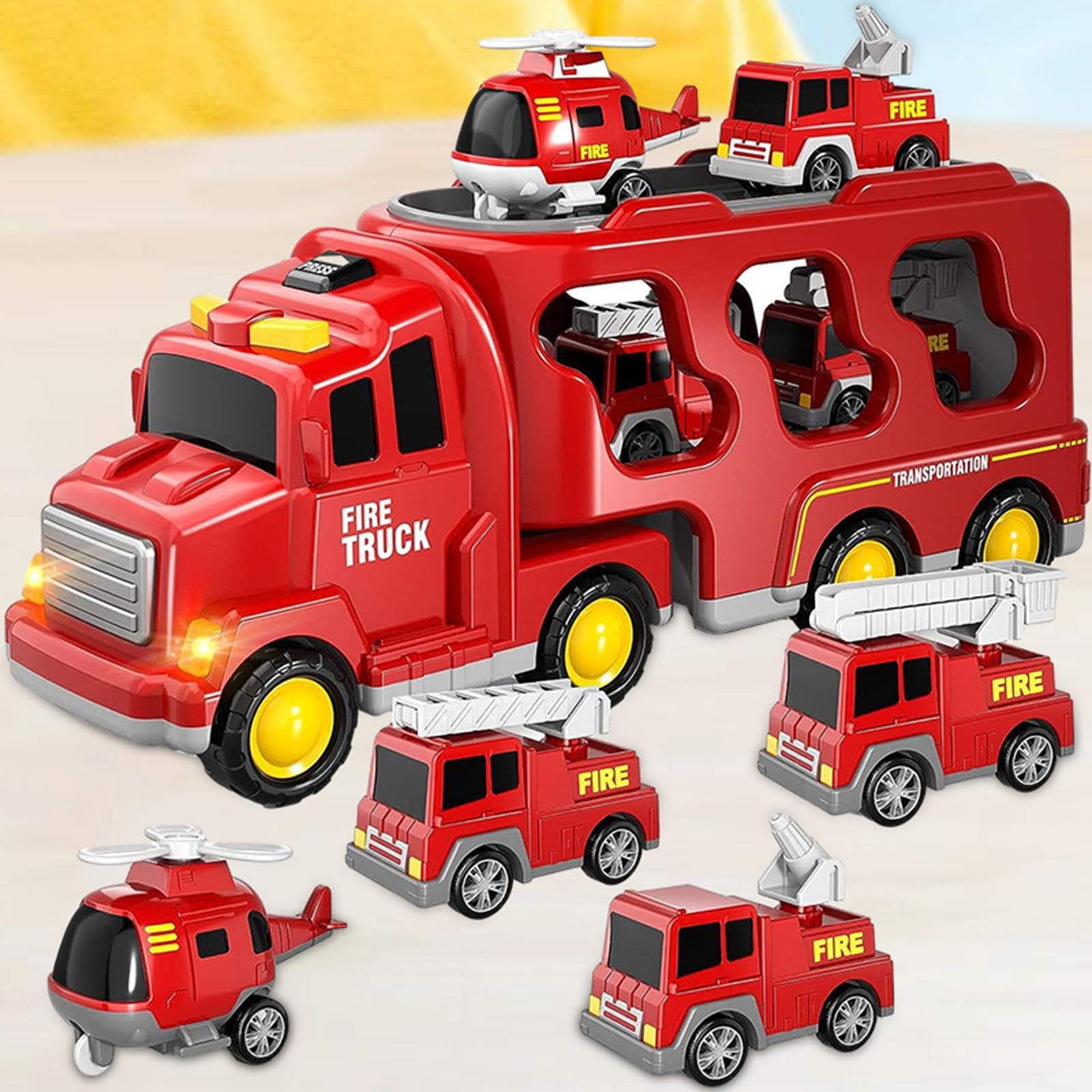 7 Stück Feuerwehrauto Spielzeug Set Mini Diecast Autos Transporter Friktionsgetrieben mit Licht Musik Notfallfahrzeug Aufbewahrung für Geschenk Frühes, Rot