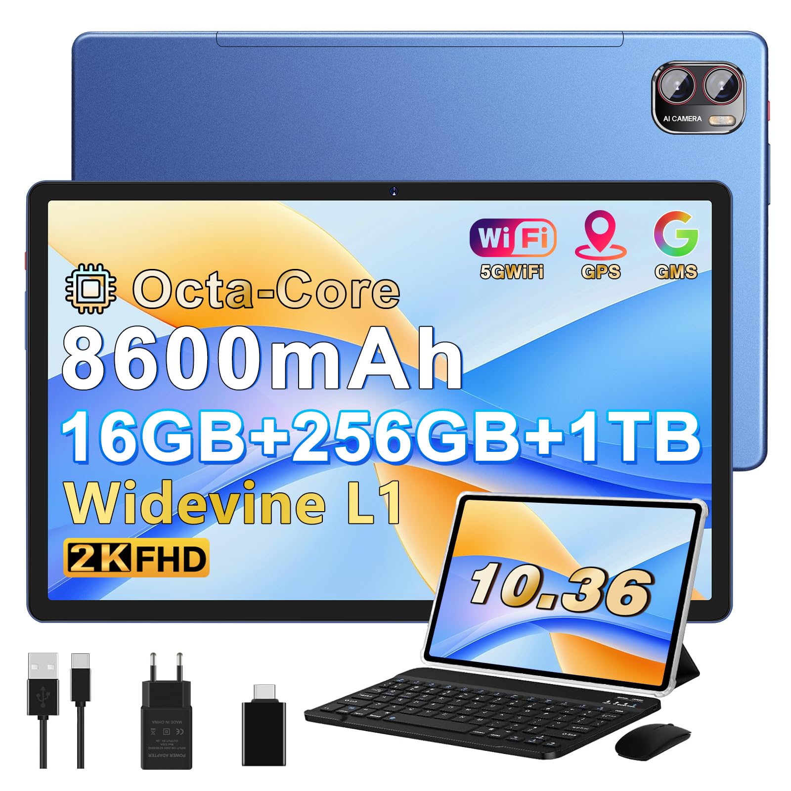 2026 Neueste Tablet Android Gemini AI Tablet 2K Bildschirm 16GB RAM + 256GB ROM + TF 2TB Octa-Core / 2000 x 1200 Pixels / 8600 mAh / 5MP + 13MP / 5G WLAN/Bluetooth 5.0, mit Maus Tastatur Blau