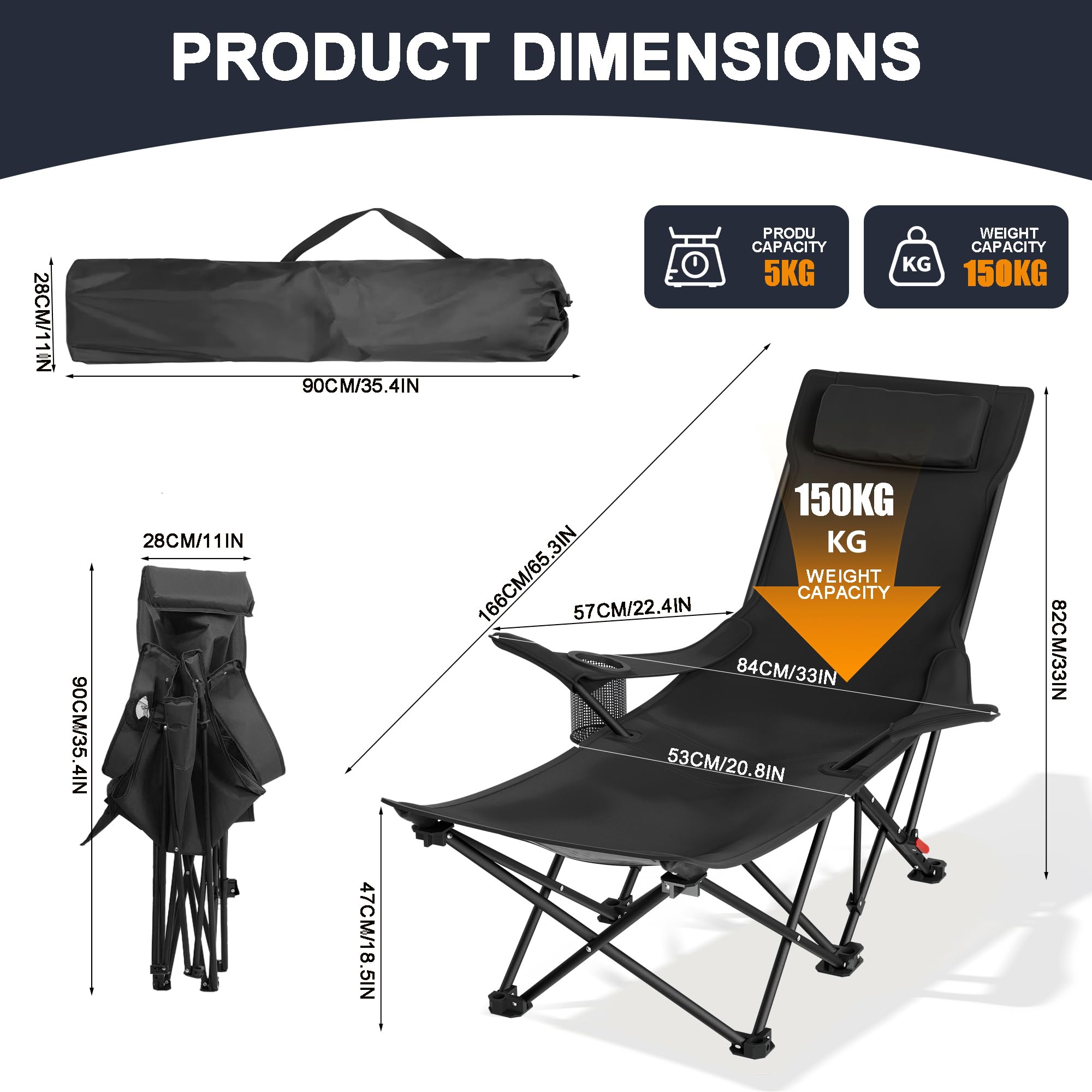 Chaise de camping, pliable avec repose-pieds et support dorsal réglable sur 4 positions, chaise de camping avec porte-gobelet et sac de transport, chaise pliante pour camping, pêche et plage