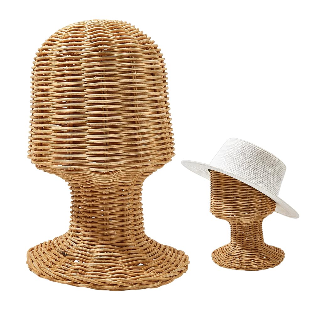 NBEADS Rattan Hat Display Stand Tall Cylinder Shape, Handwoven Rattan Mannequin Head Wig Stand Holder for Hats, Wigs Scarves Lightweight Tabletop Display for Home Salon, 18.5x29cm