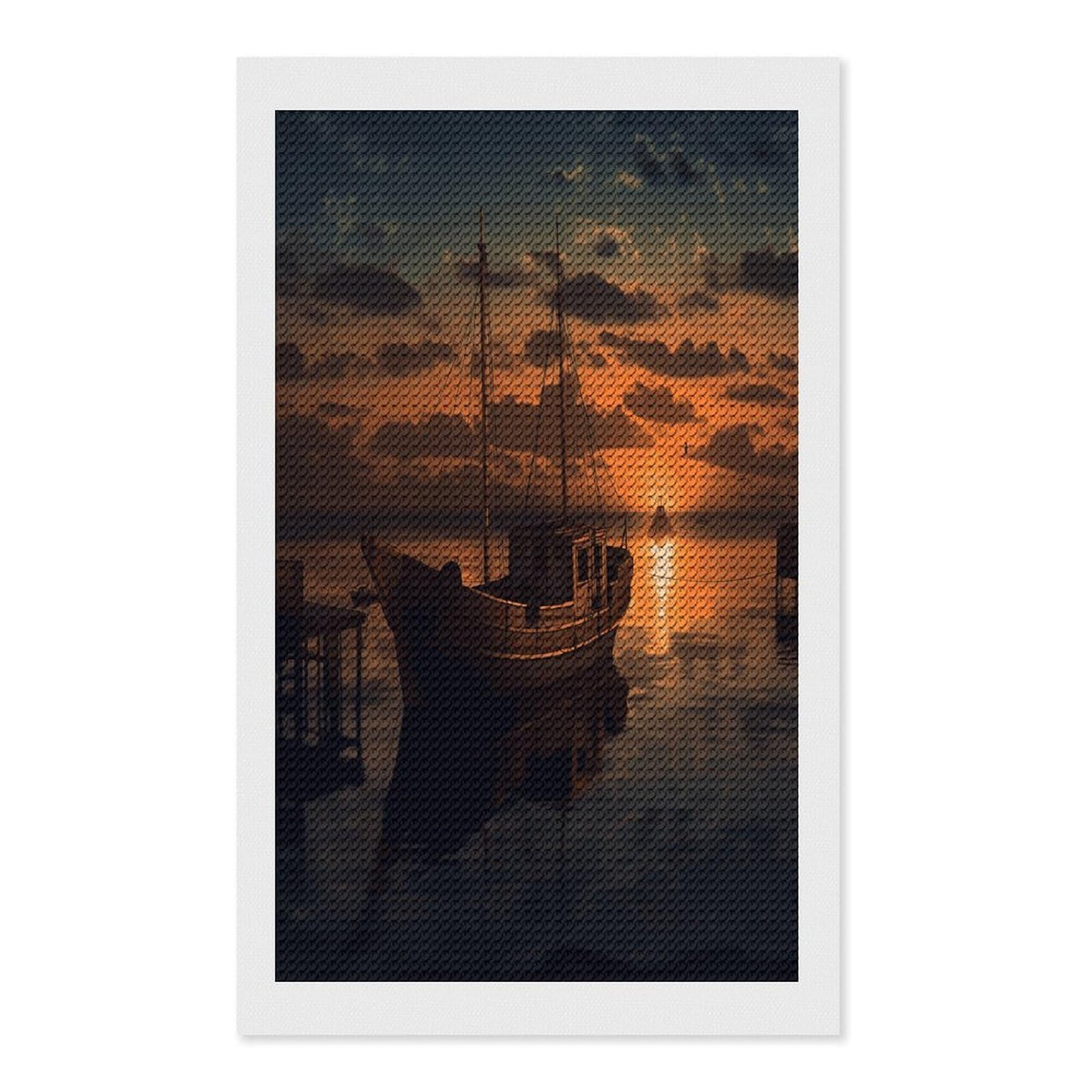 FekiLoot Boat at Dusk Paint by Numbers Kit for Adults Beginner DIY Diamond Dots Paintings Round Full Drill Diamond Art Kits Picture Diamond Art Painting Kits for Home Decor 12"x20"
