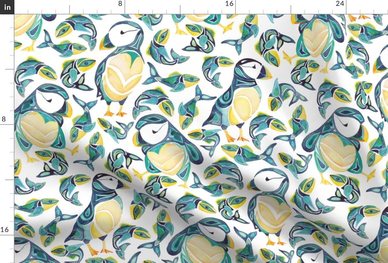 Spoonflower Fabric - Puffin Party Geometric Fish Boy Wildlife Puffins Art Tattoo Printed on Minky Fabric by The Yard - Sewing Baby Blankets Quilt Backing Plush