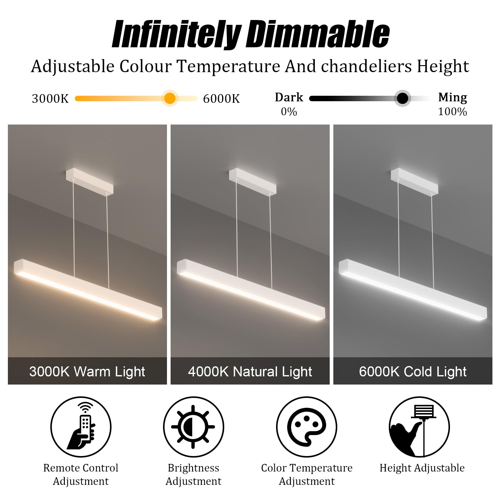 Klighten Led Lampada a Sospensione Da Tavolo Da Pranzo 80cm/24W, Dimmerabile 3000K-6000K Moderna Luce a sospensione Con Telecomando, 150cm Moderna Lineare Regolabile,per Cucina Soggiorno, Bianco