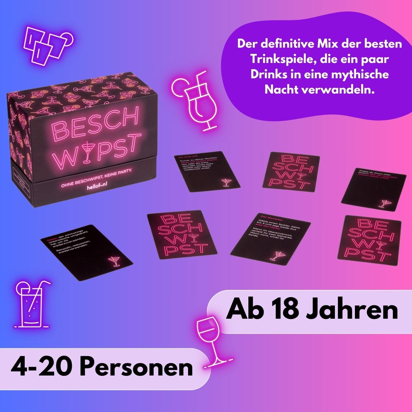 Hellofun! | Beschwipst | Partyspiele für Erwachsene | Gesellschaftsspiele Party | Kartenspiele für Erwachsene | Spiel 18+ | Spieleabend Zubehör | Partyspiel Mix | Für 4-20 Personen ab 18 Jahren