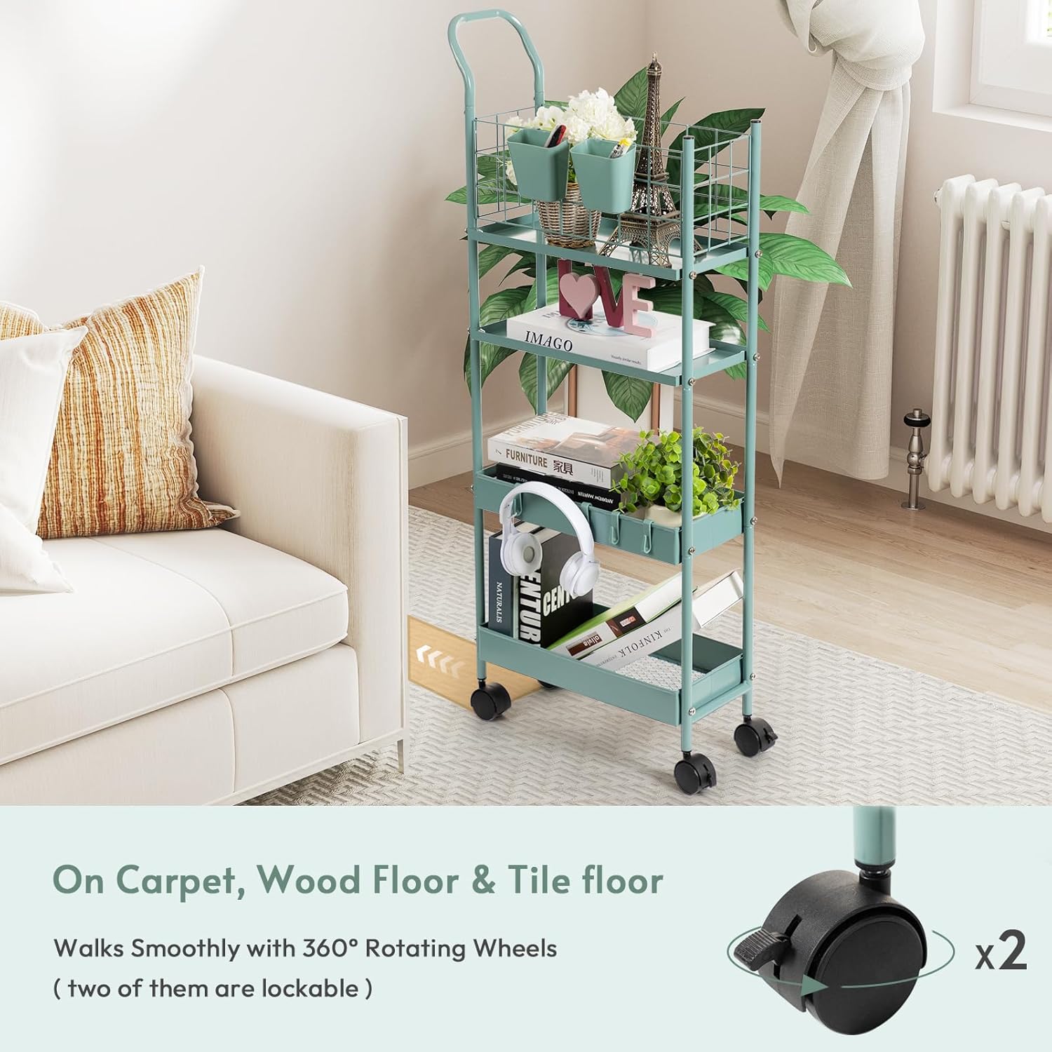 danpinera Rolling Utility Cart with Wheels, 4 Tier 7.7'' Metal Rolling Narrow Storage Cart with Hooks and Hanging Cups on Wheels for Bathroom, Kitchen, Office and Small Spaces, Green
