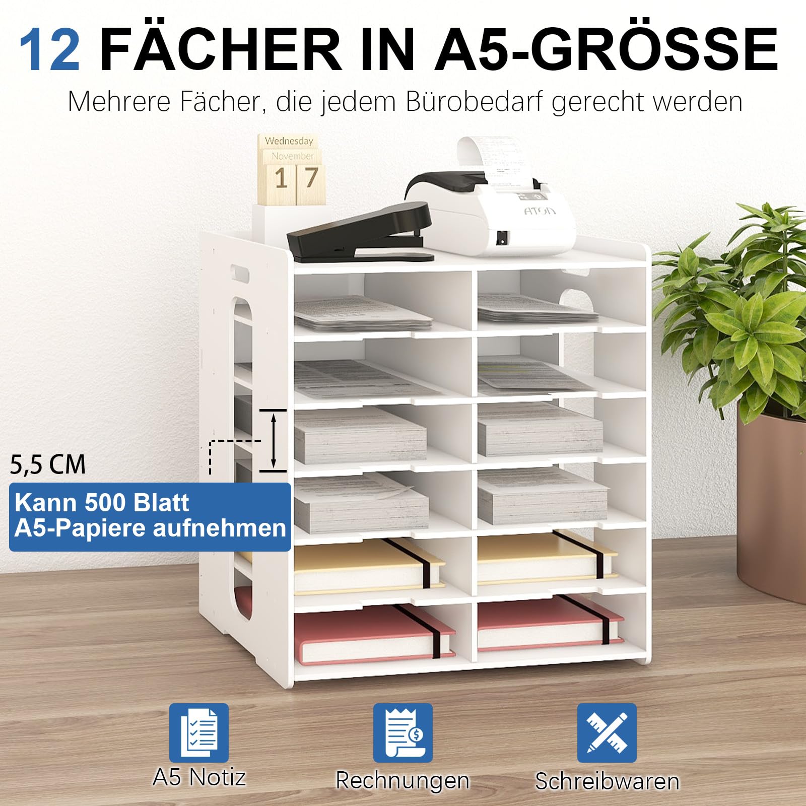 PUNCIA 12 Fächer Rechnungsregal für A5-Formate PVC Briefablage Aktenablage | Schreibtisch Organizer für Rechnung Büroablage Ordnungssystem Ablagefächer aus Holz Büro Arbeitszimmer Schule Office