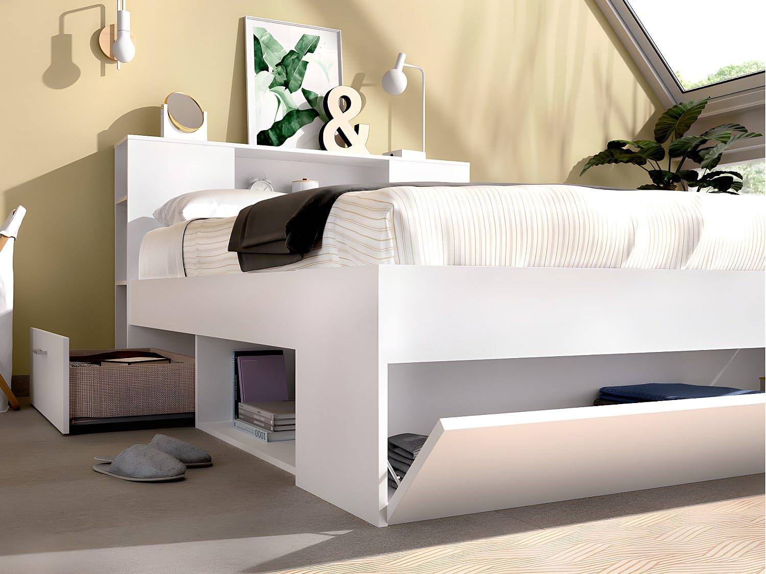 DEKIT GRUPO RIMOBEL LANKA - Cama de matrimonio con almacenaje en cabecero y bajo cama - Blanco - 95x149x218 cm