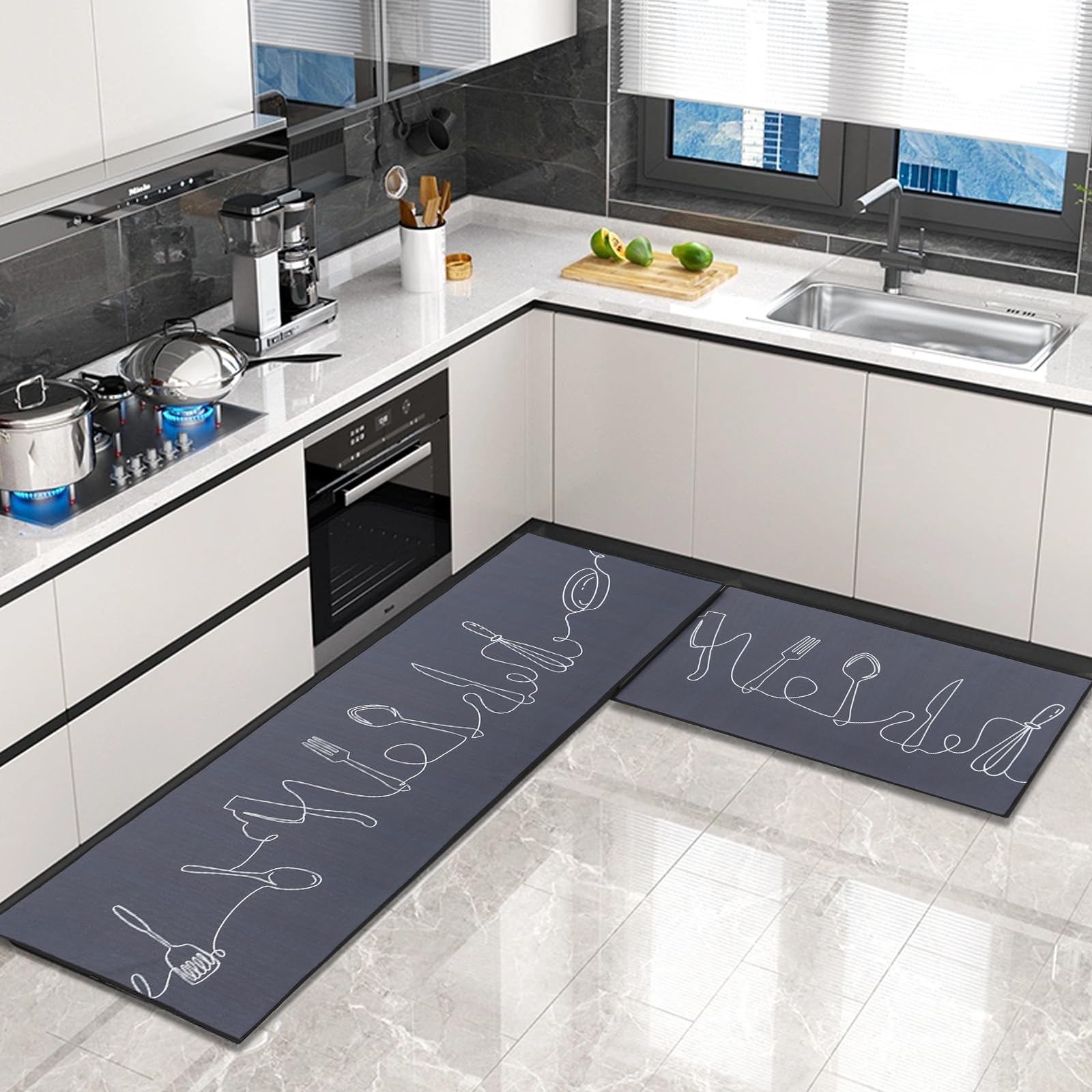 2 Piezas Alfombras y Tapetes de Cocina,Alfombrillas de Cocina Antideslizantes Lavables,para Cocina,Pasillo,Salón,Dormitorio,Gris,40x60+40x120cm