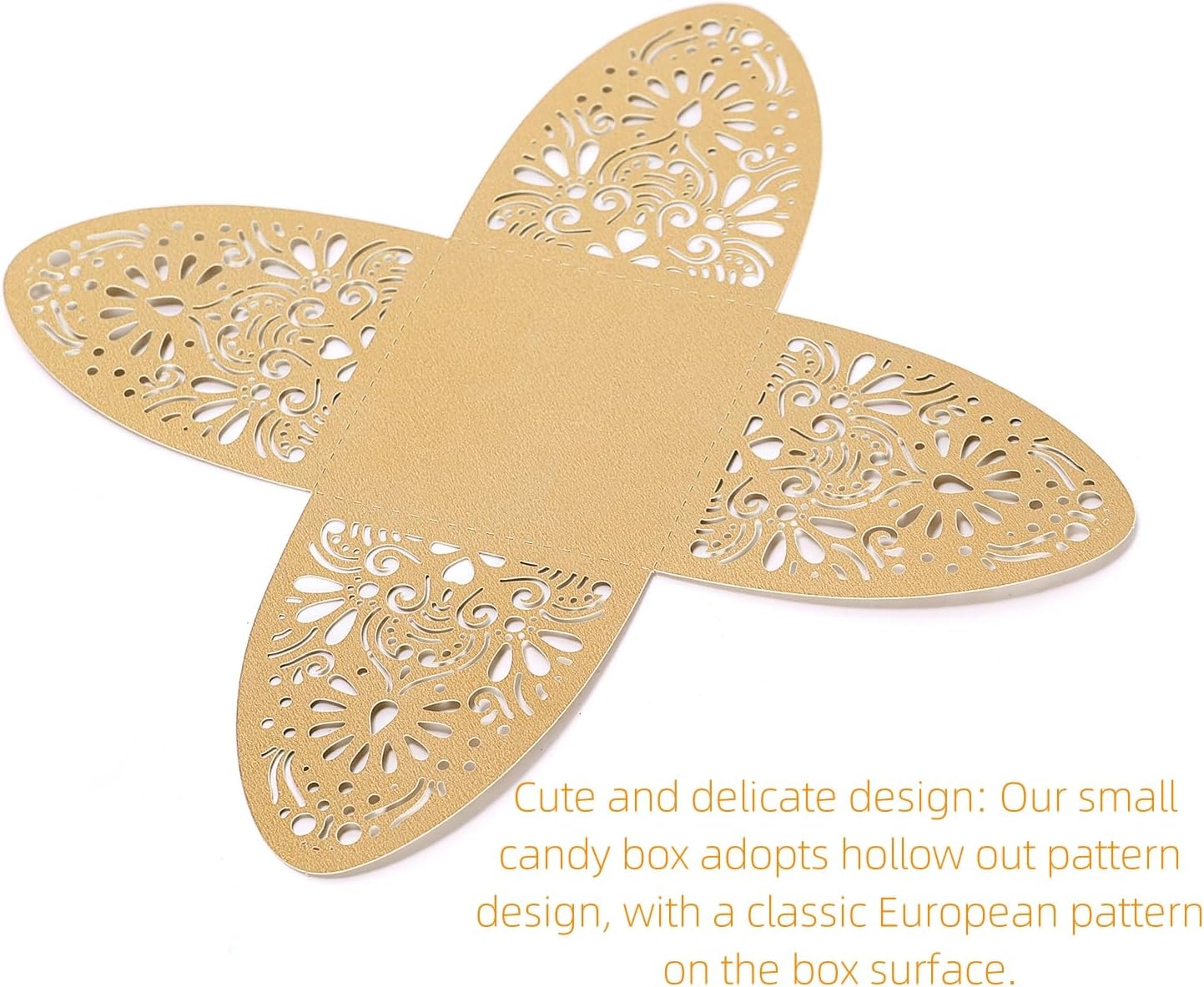 Ruimou 50pcs Pearl Paper Golden Laser Cut Hollow Out DIY Candy Box (6x6x8cm) For Wedding, Birthday, Graduation, Party(Golden) image 4