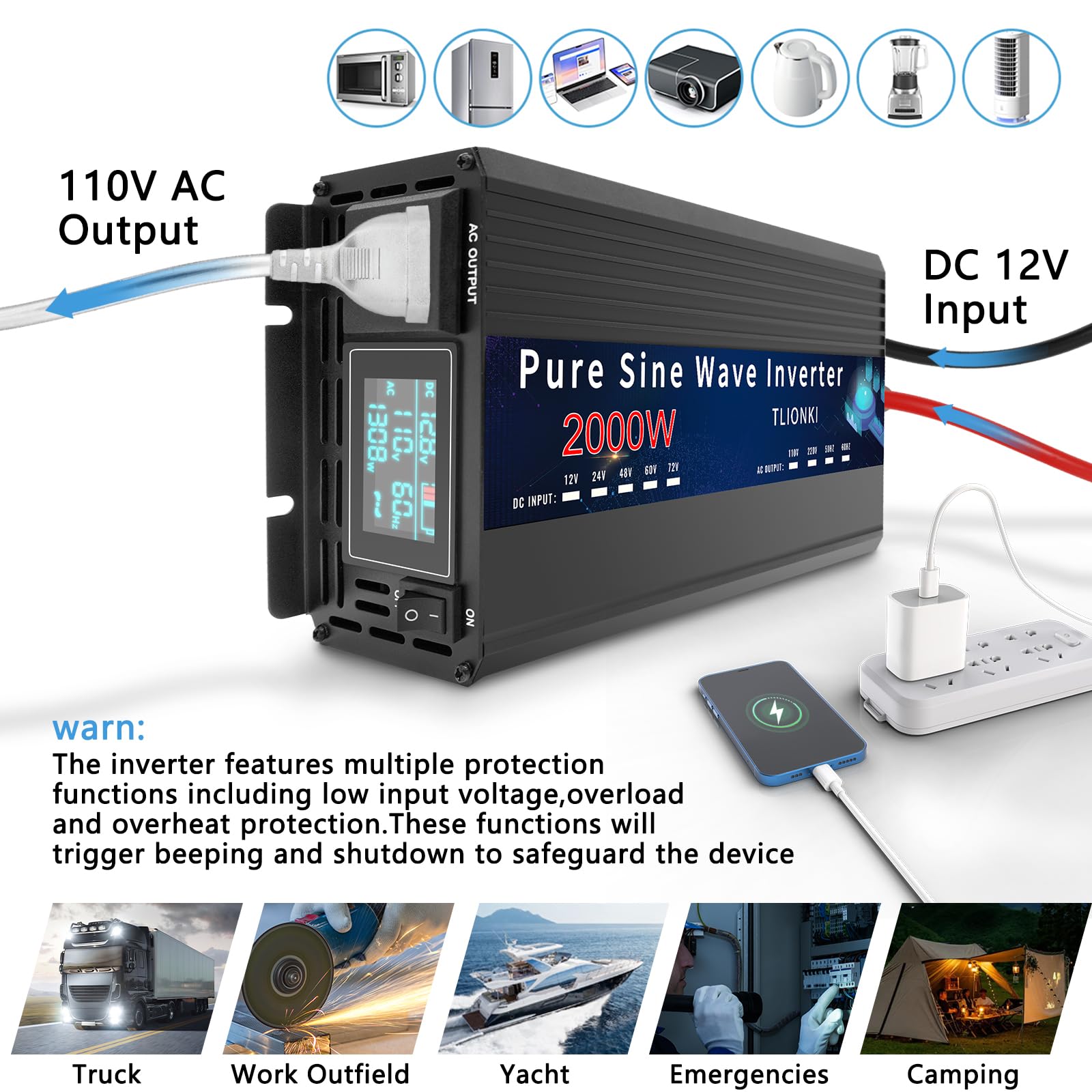 TLIONKI 2000 Watt Pure Sine Wave Inverter Car Power Inverter DC 12V to AC 110V Solar Power Inverter with LCD Display, AC Hardwire Port, Surge 4000W, Suitable for Home, RV, Camping, Outdoor