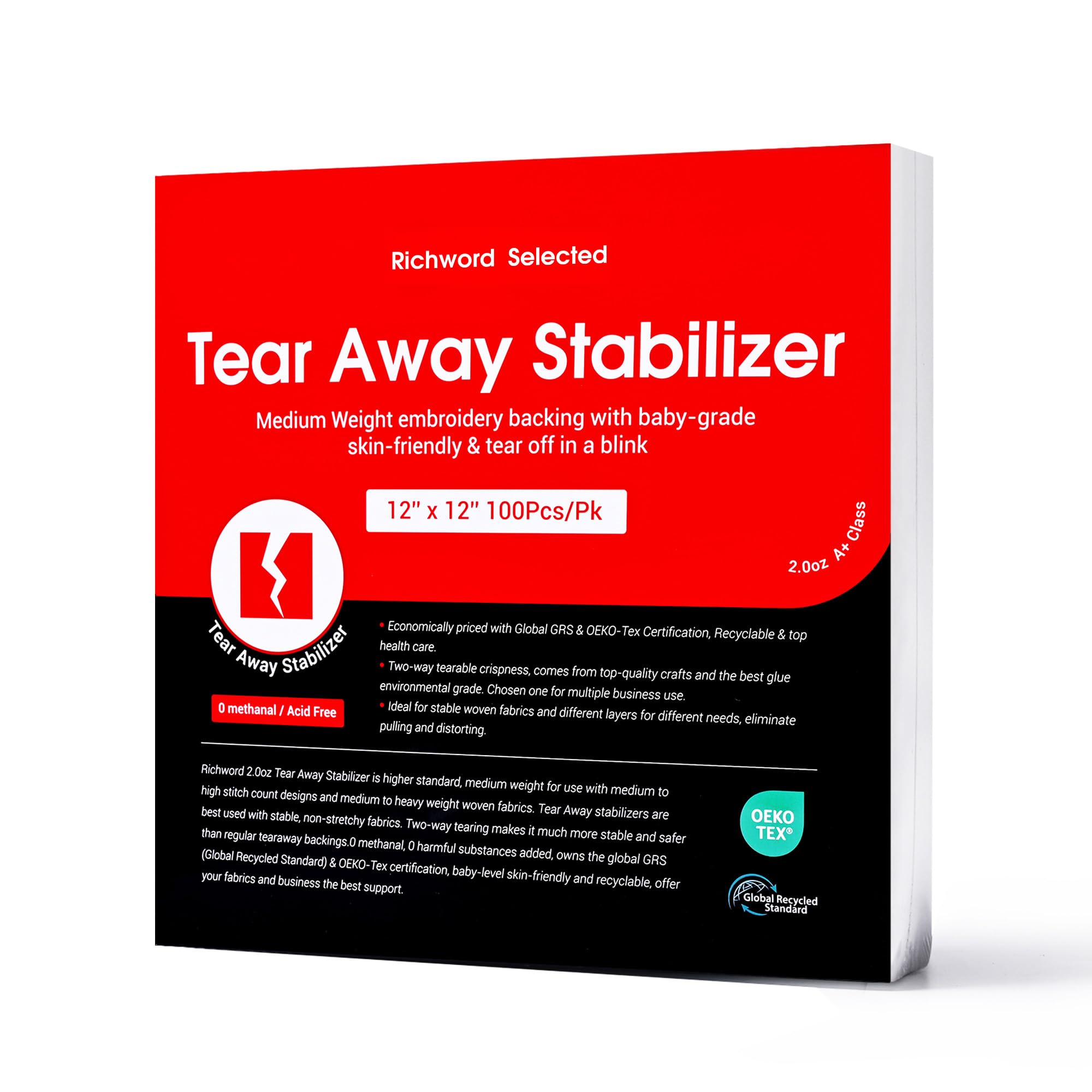 Poolin Richword Selected Tear Away Embroidery Stabilizer Backing 12X12 inches 100 Sheets, 2.0 Oz Medium Weight Embroidery Stabilizer for 5x7 Hoops of Embroidery Machine