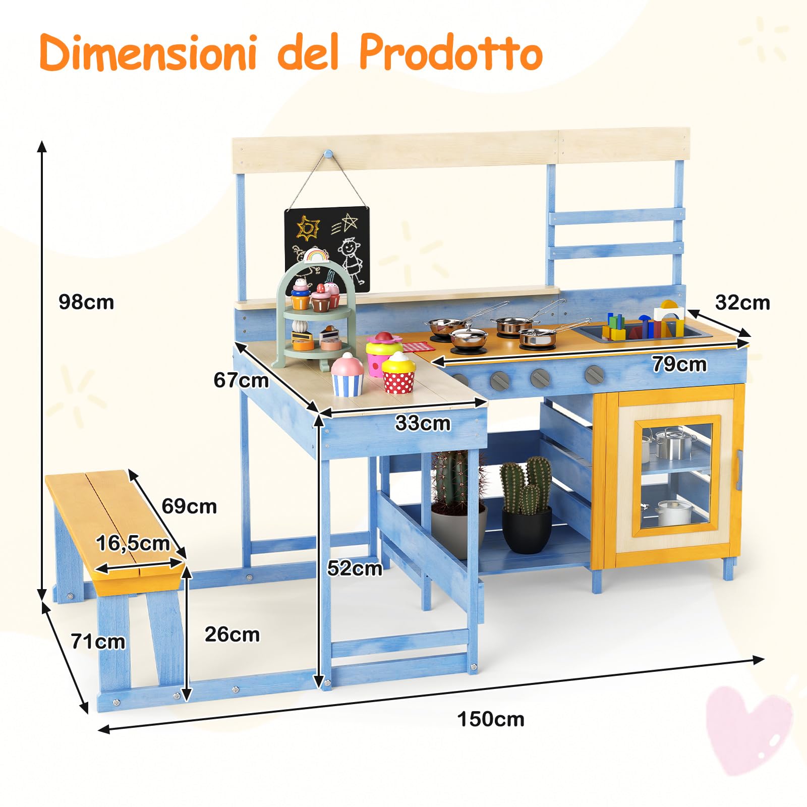COSTWAY Cucina Giocattolo per Giardino con Tavolo e Panchina da Picnic, Cucina per Bambini in Legno di Abete con Fornelli, Lavandino, Lavagna e Forno, con 17 Accessori, 150 x 71 x 98 cm (Blu)