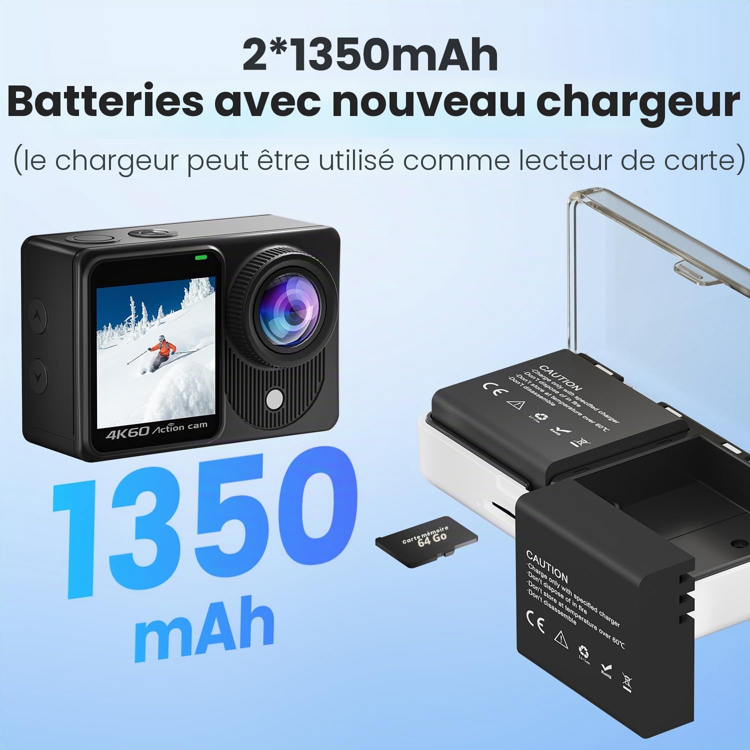 Dualscreen 4K60FPS Caméra Sport avec Carte 64G, Caméra sous-Marine 40M, CaméraWiFi à Écran Tactile 48MP avec EIS, Zoom 8X, Caméra d'action avec 2 Batteries 1350 mAh
