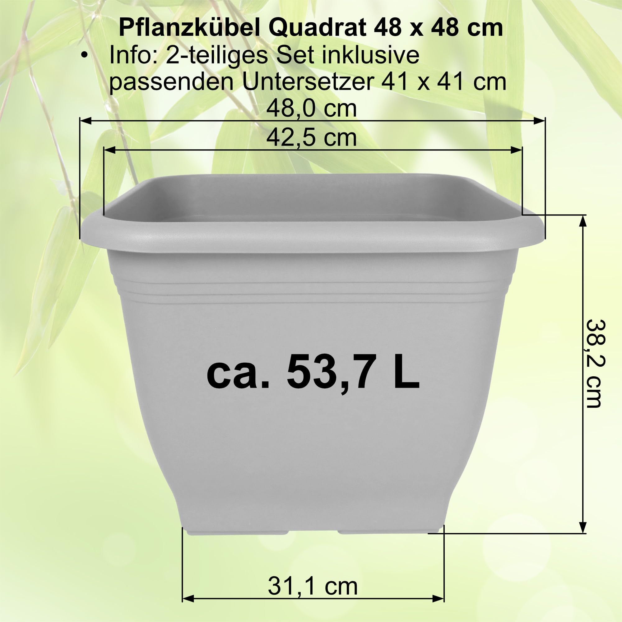 MePla - Vaso da fiori quadrato 48 x 48 cm + sottovaso 41 x 41 cm, terracotta, resistente alle intemperie in plastica resistente ai raggi UV