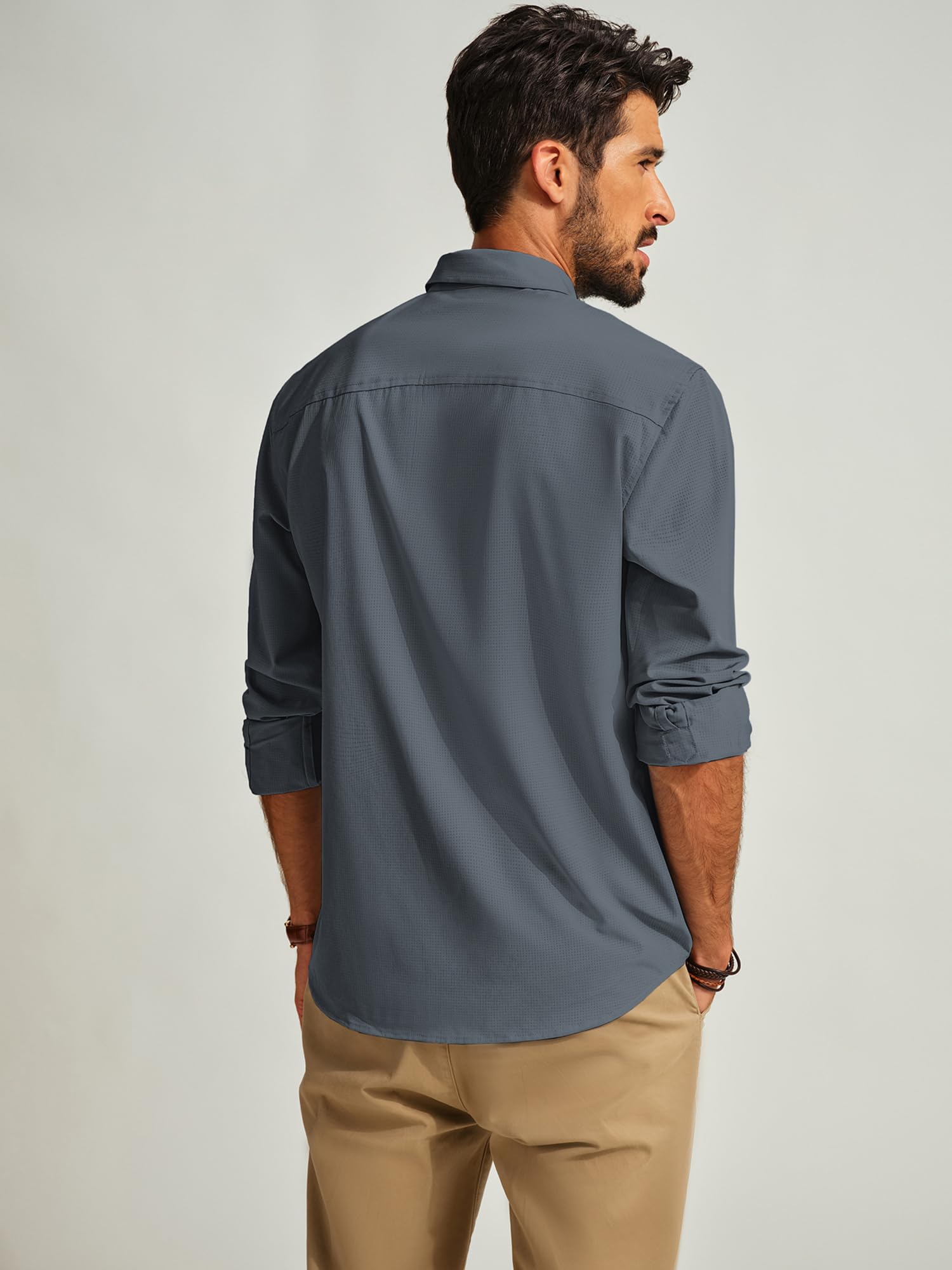 PJ PAUL JONES Camisas de manga larga con botones para hombre, sin arrugas, elásticas, sin pliegues, camisas de vestir informales de negocios