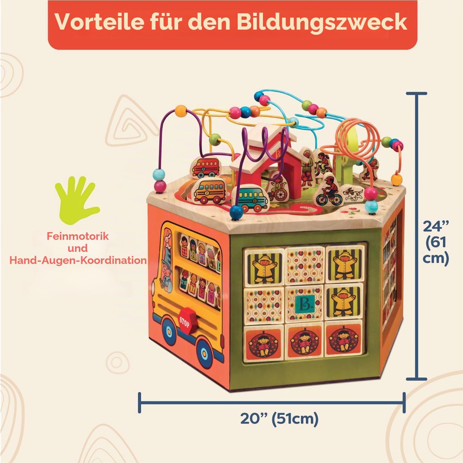 B. toys - Youniversity - Aktivitätswürfel - Activity Center aus Holz - Lernspielzeug für Kleinkinder, Kinder - Alphabet, Zahlen, Formen - 12 Monate +