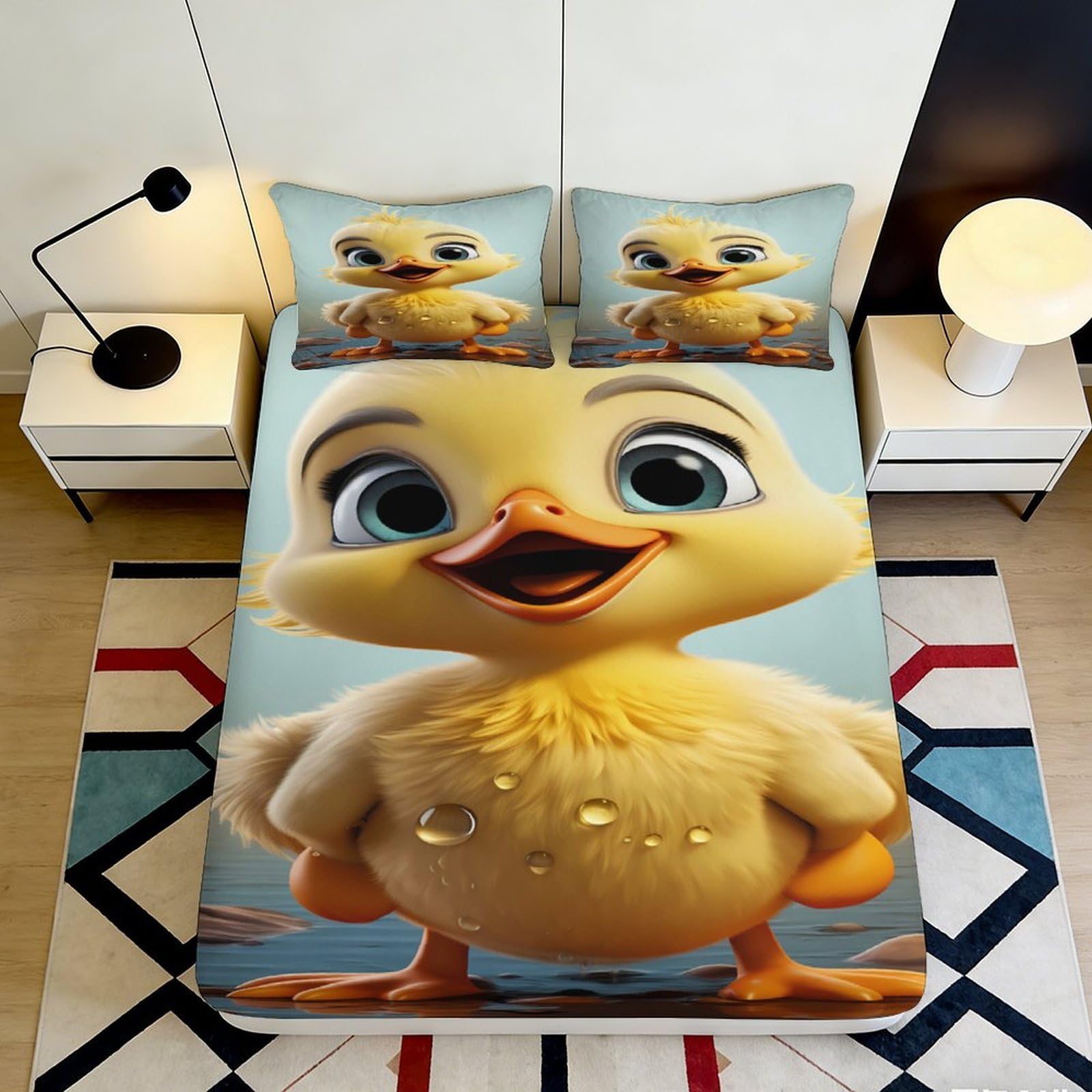 3D Printed Cute Duck Fitted Sheet Microfiber Soft Yellow Cartoon Chick Bed Cover for Bedroom Dorm Mattress Protection Decor 90x200x25cm
