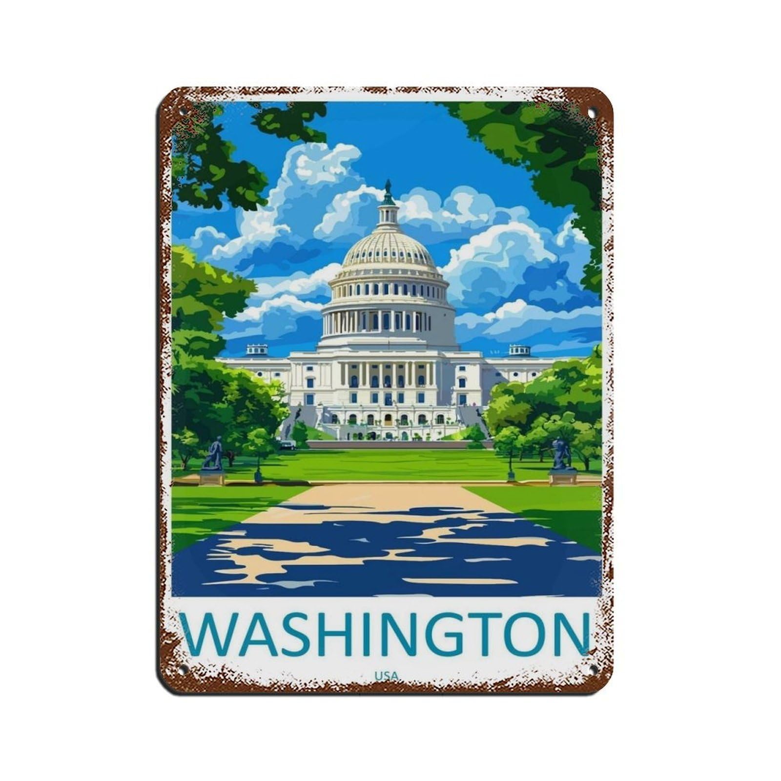 Washington City Travel USA Art Cityscape Poster Retro Poster Metal Tin Sign Chic Art Retro Iron Painting Bar People Cave Cafe Family Garage Poster Wall Decoration 12x16inch(30x40cm)