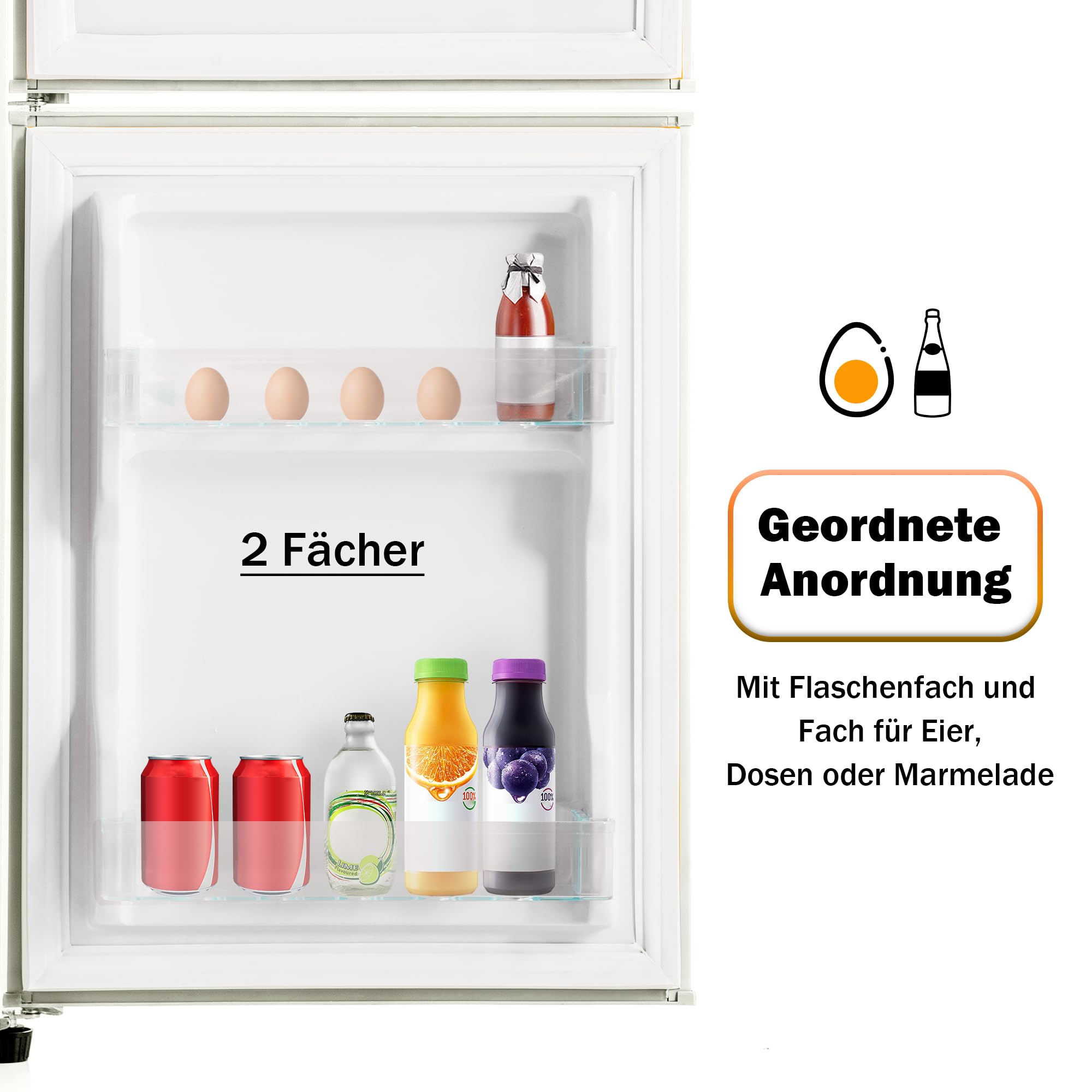 Merax Kühlschrank mit Gefrierfach, Kühl-Gefrierkombination, 60 Liter Doppeltür Kühlschrank, 22L Gefrierschrank, 45dB, LED, Gemüsefach, Türablagen, Retro-Griff, für Familie, Büro, Restaurant, Cremeweiß