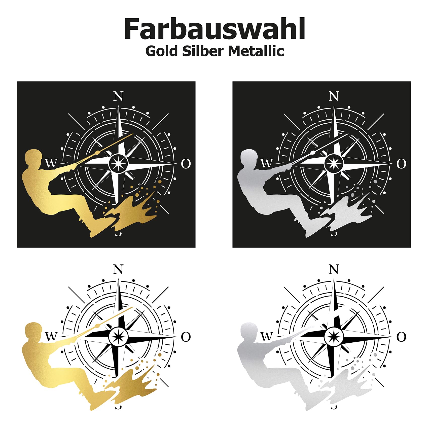 Autoaufkleber Kompass Sport Wakeboard 60x69cm Windrose Sticker Folie für Auto Wohnwagen Anhänger Aufkleber Selbstklebend Kfz Zubehör KX072 KX073 (Kompass schwarz, Wakeboard Gelb)