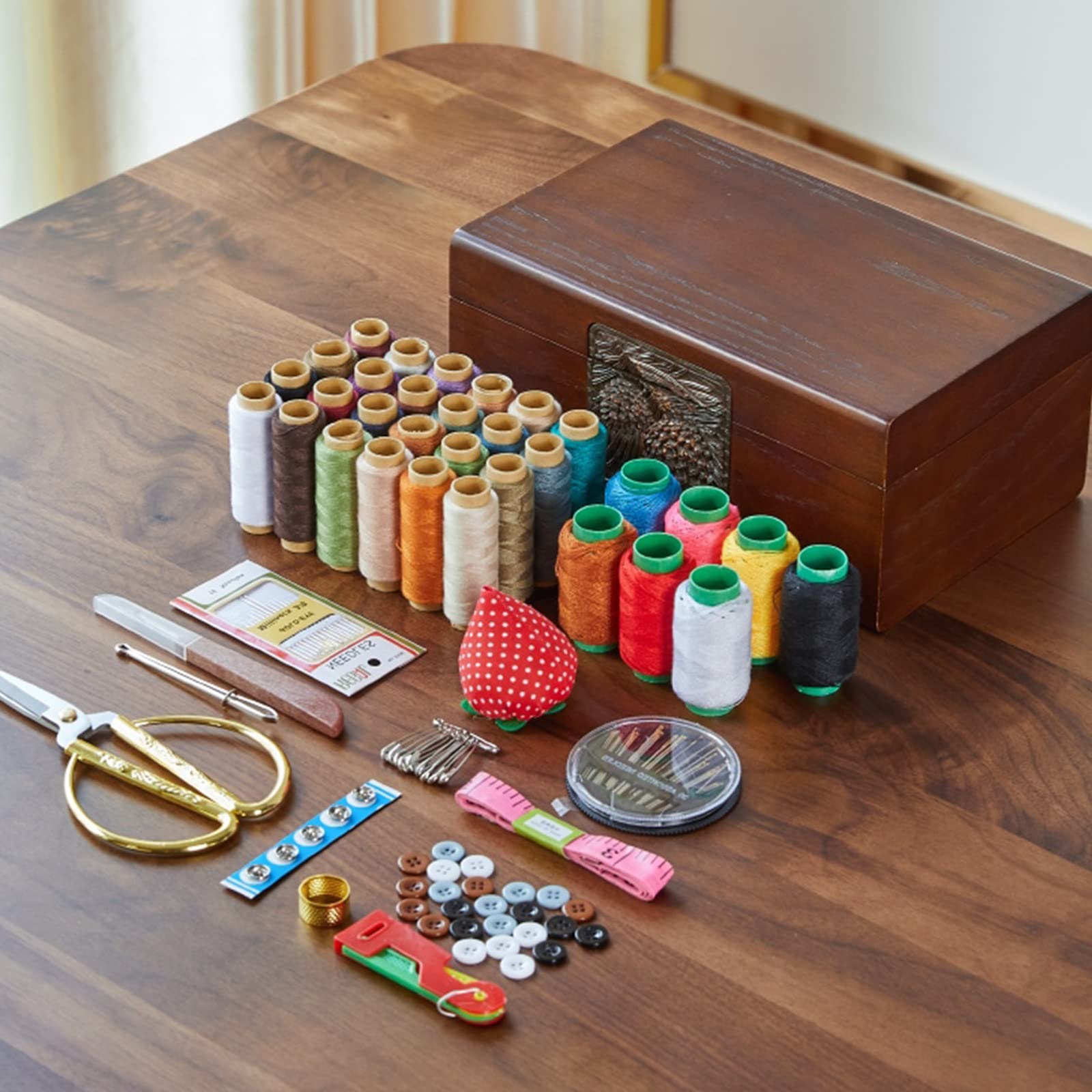 Cestas De Costura Grandes De Madera, Caja De Costura Expandible Clásica, Cesta De Almacenamiento, Asa De Transporte Fácil, Caja De Kit De Costura, Cesta Con Compartimento (21,5 X 9,4 X 13,7 Cm)