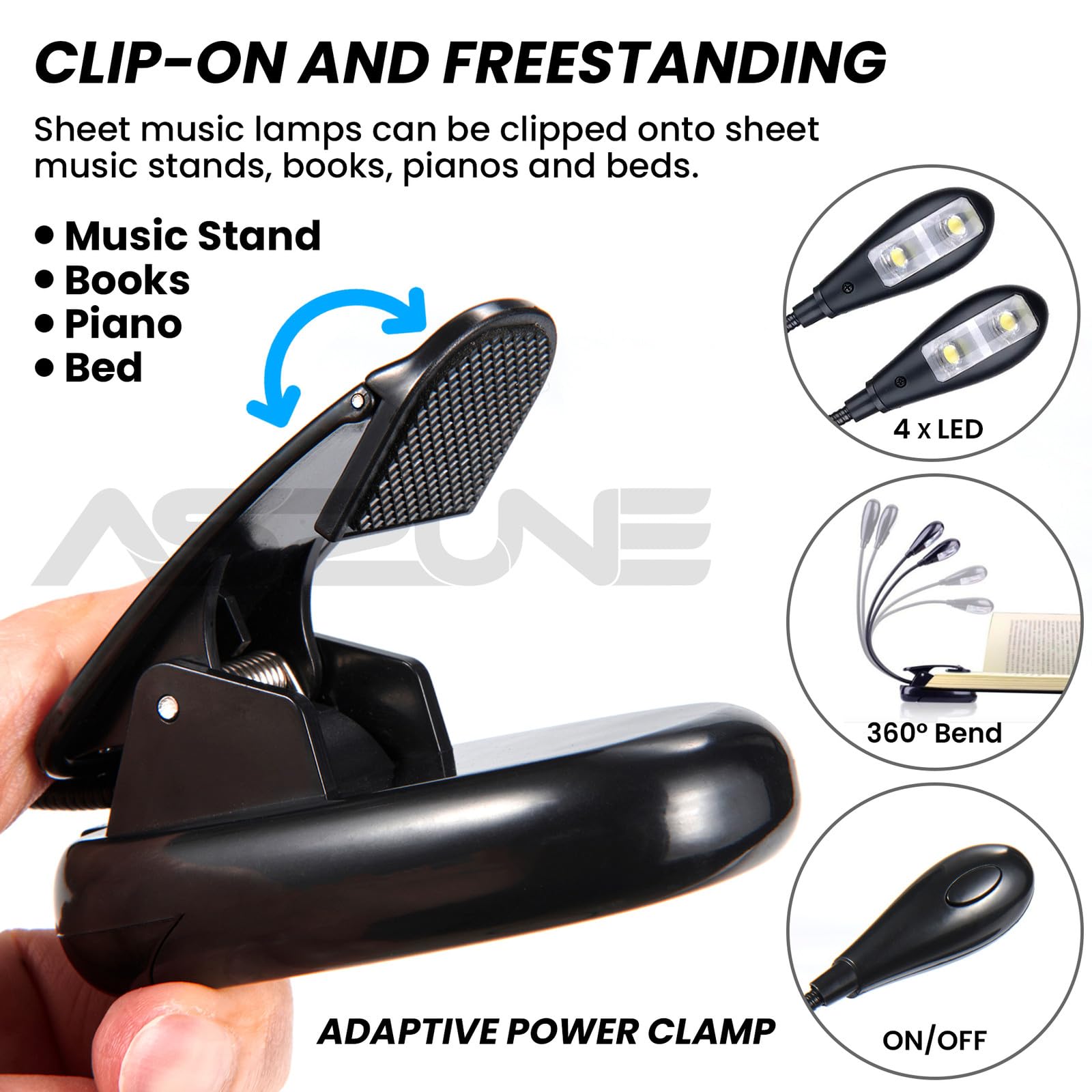Music Stand Light 2Pack, Music Stand Light Clip On, Book Lights USB and AAA Battery Operated, Reading Lamp in Bed, 2 Brightness Levels, Ideal for Musician, Piano Player, Kids, Travel Dual Arm Black