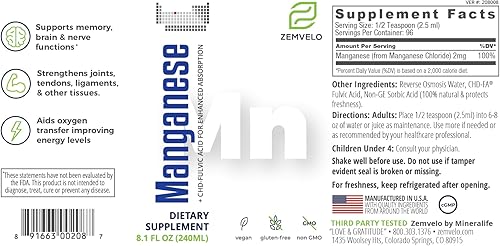 Miniatura 2 de Suplemento iónico líquido de manganeso  Articulaciones, energía, apoyo muscular  Salud de la mujer  Salud masculina  Suplemento adulto para un