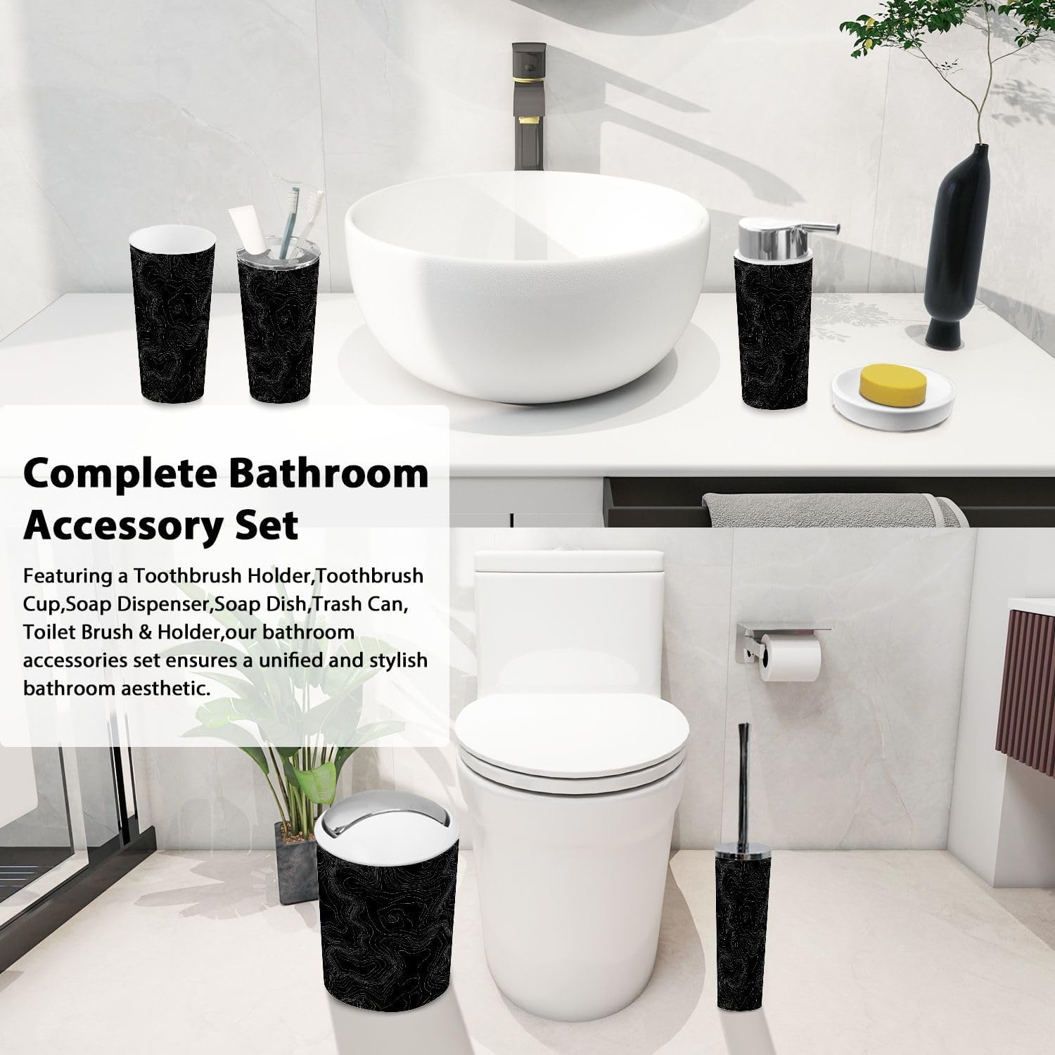 Bathroom Accessory Set 6PCS Light Topographic Contour map Cartography Trash can, Soap Dispenser, Toothbrush Holder, Toilet Brush & Holder, Soap Dish for Housewarming Gifts