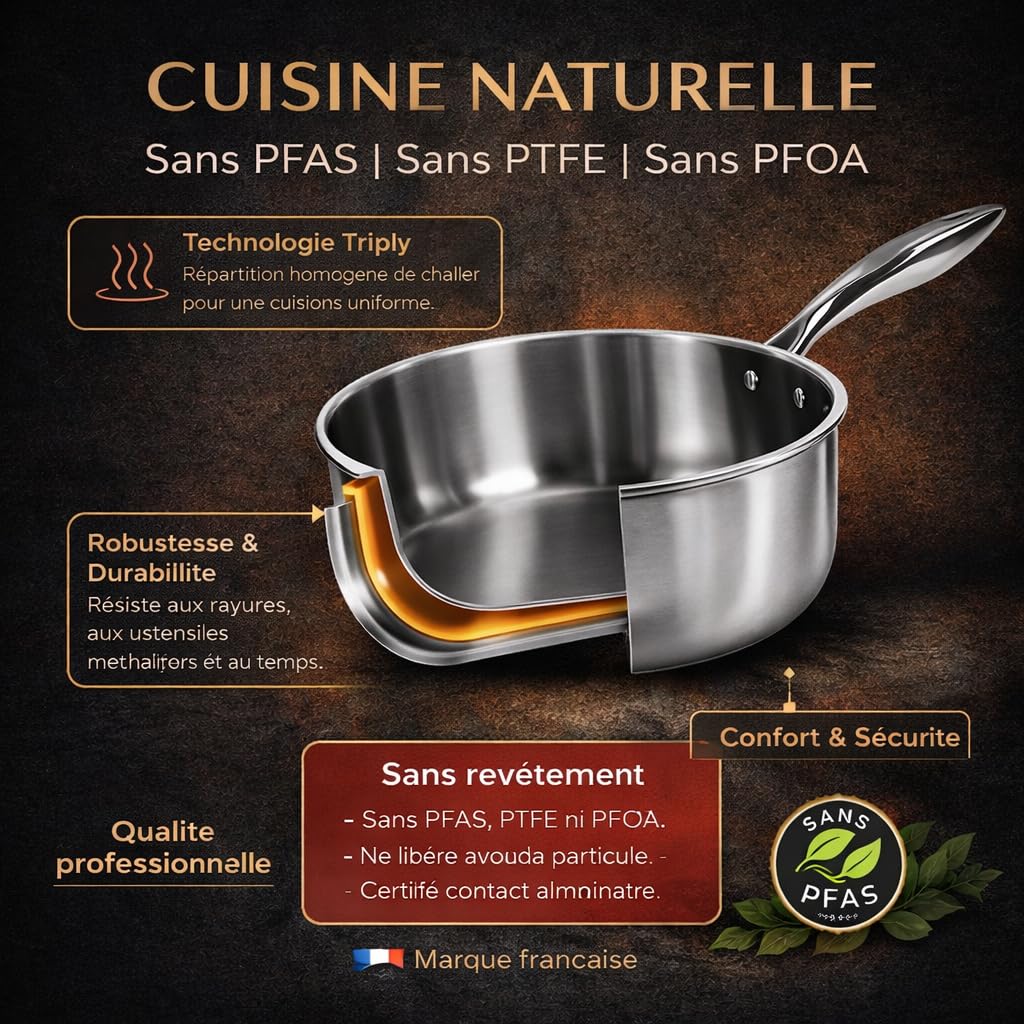 Set de Casseroles en Acier Inoxydable 18/10, Compatible Induction, Cuisson Saine sans revêtement controversé (Set de 3 casseroles 16/18/20cm)