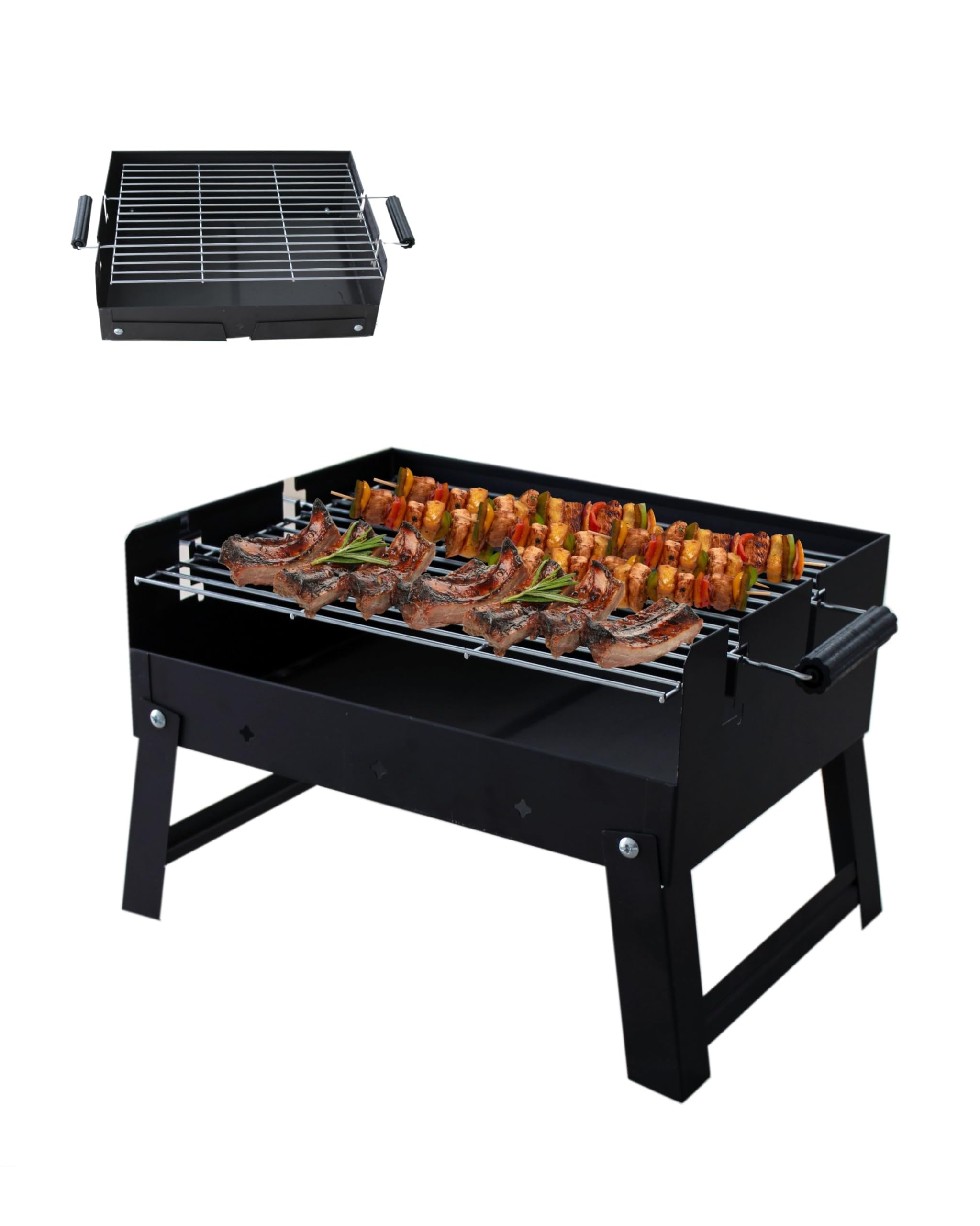 Barbecue Carbonella Portatile GMR Trading - Griglia Acciaio 45,5x35cm, Gambe Pieghevoli, Maniglie Laterali, Compatto per Tavolo, Balcone, Campeggio, BBQ da Esterno