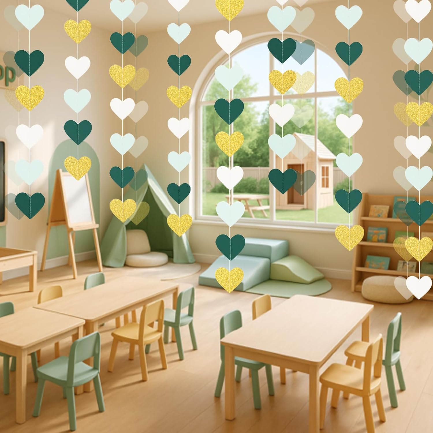 Sage-Green Mint Beige-Gold Love-Heart Garland, 39Ft Rustic Wedding Hanging Birthday Decor Streamers Banner, Bachelorette Bridal Shower Engagement Valentines Graduation Woodland Party Supplies - Image 3