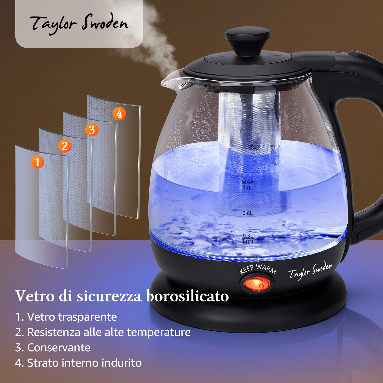 Taylor Swoden Abel - Bollitore Elettrico da 1 Litro, Bollitore in Vetro Borosilicato 2200W, Luce Led, funzione di Mantenimento Caldo, Con Infusore e Filtro Rimovibile, Teiera BPA-Free