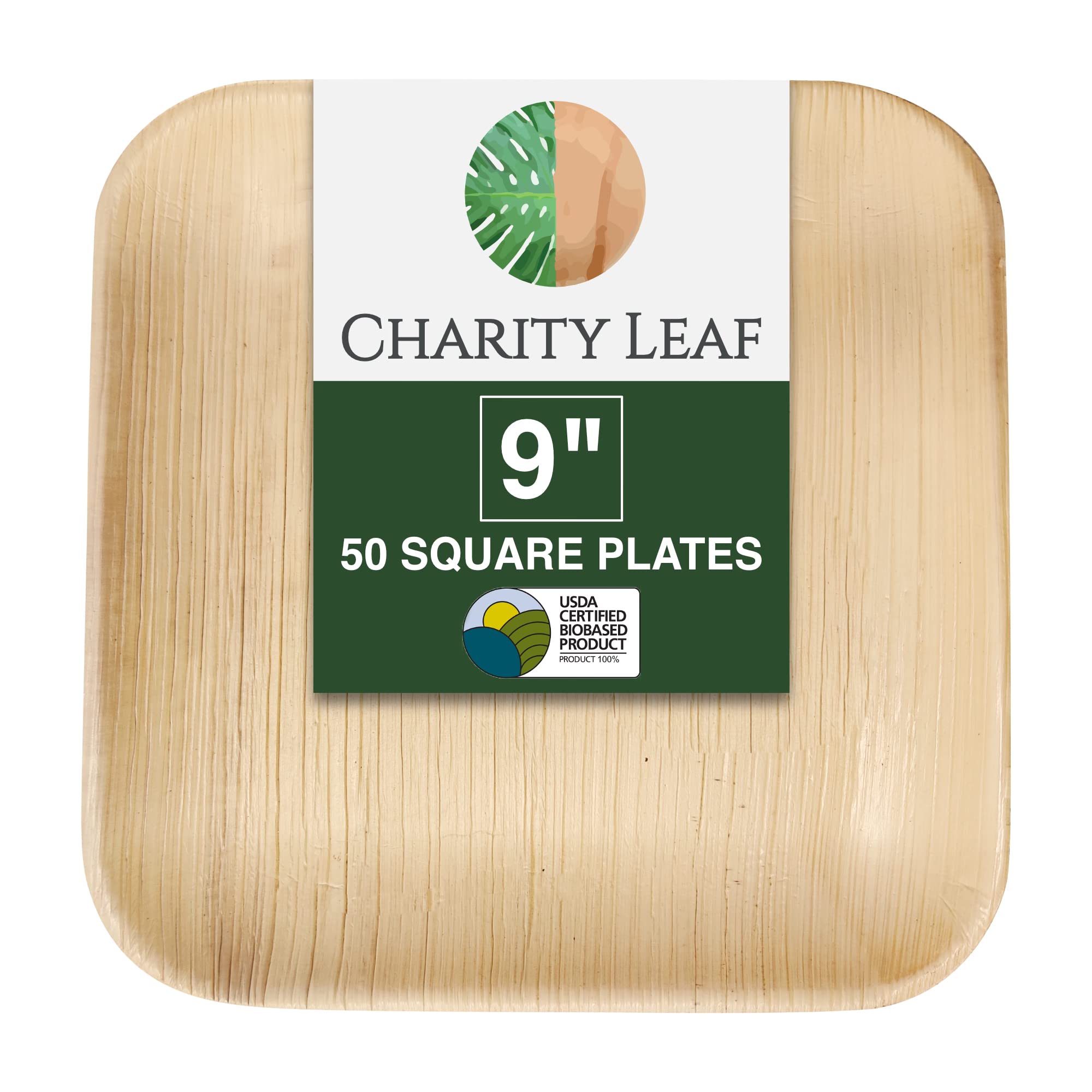 Charity Leaf - Juego de platos desechables de hoja de palma como platos cuadrados de bambú, totalmente naturales y biodegradables, bodas, tablas de embutidos, barbacoas y fiestas, platos cuadrados (50