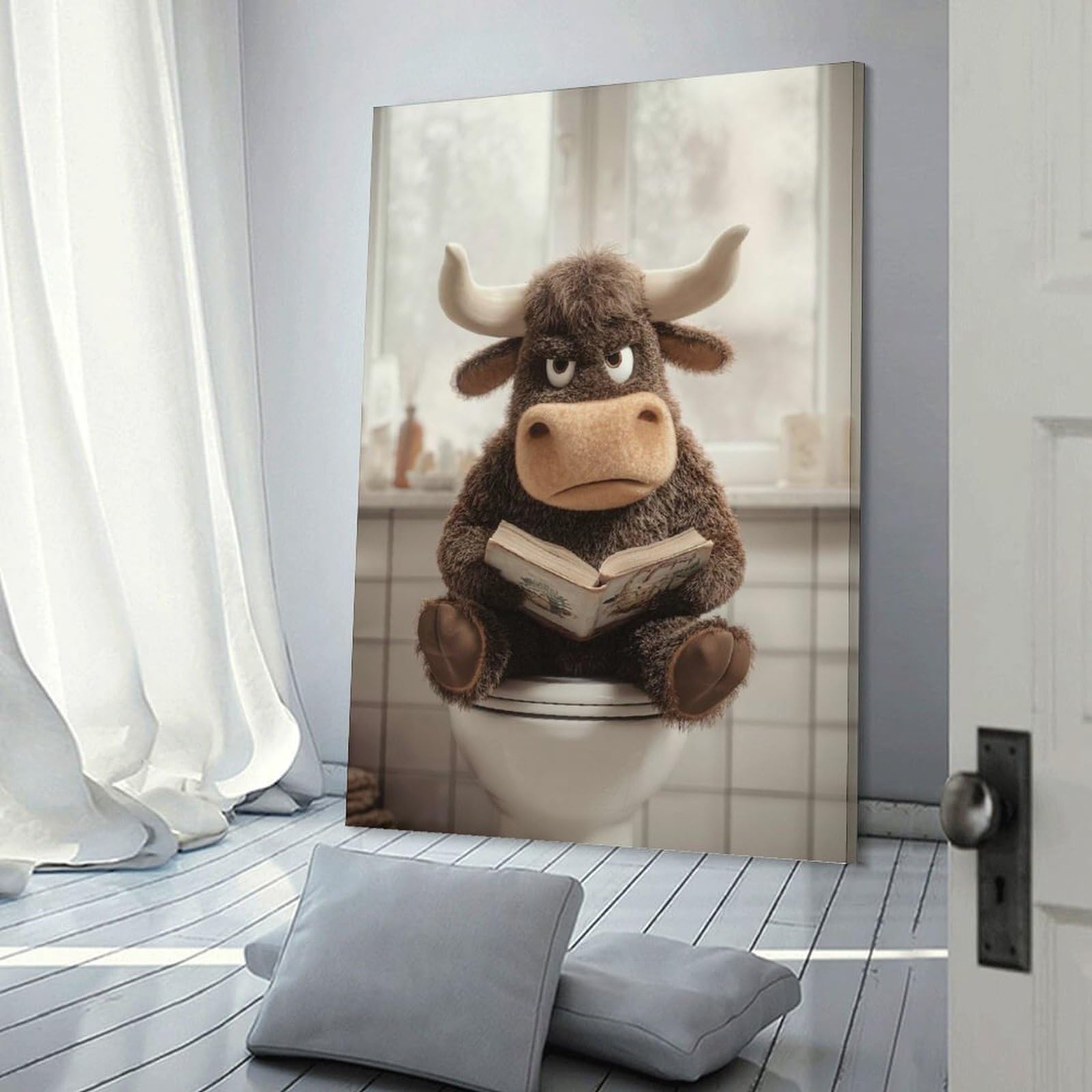 Junmoney Furry Bull Reading A Book on Toilet Wall Art Print 20x30inch(50x75cm), for Living Room, Bedroom Or Home Office, Thoughtful Wall Decor for Art Lovers