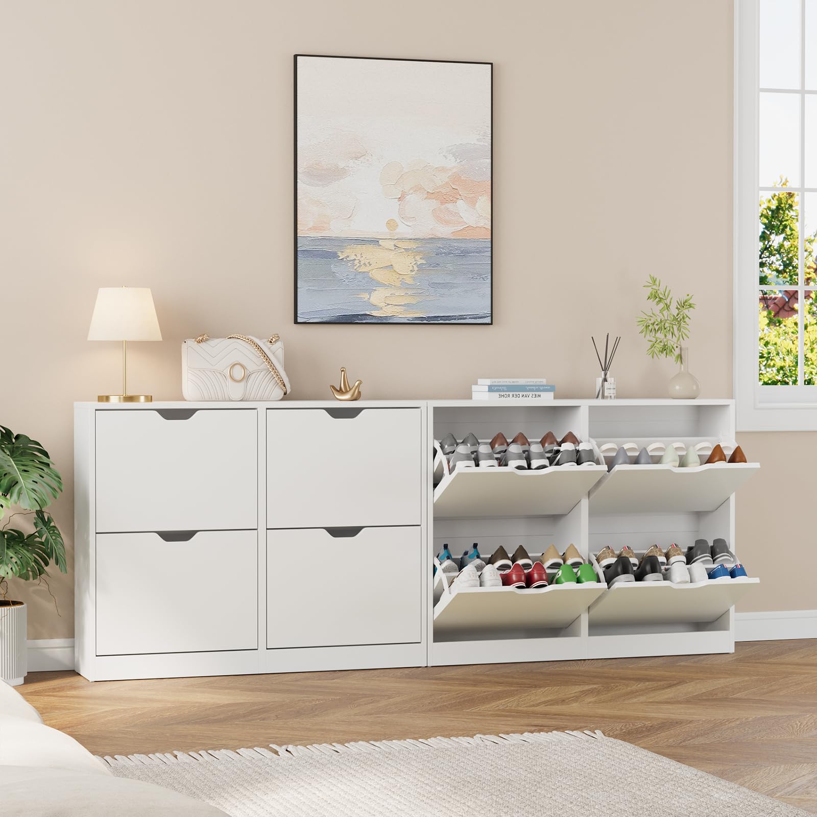 VOWNER Scarpiera Slim, Scarpiera Portascarpe in Legno, Regolabili, con 4 Ante a Ribalta e Doppia Profondita, Ingresso, 80x102x24 cm (LxAxP), Bianco