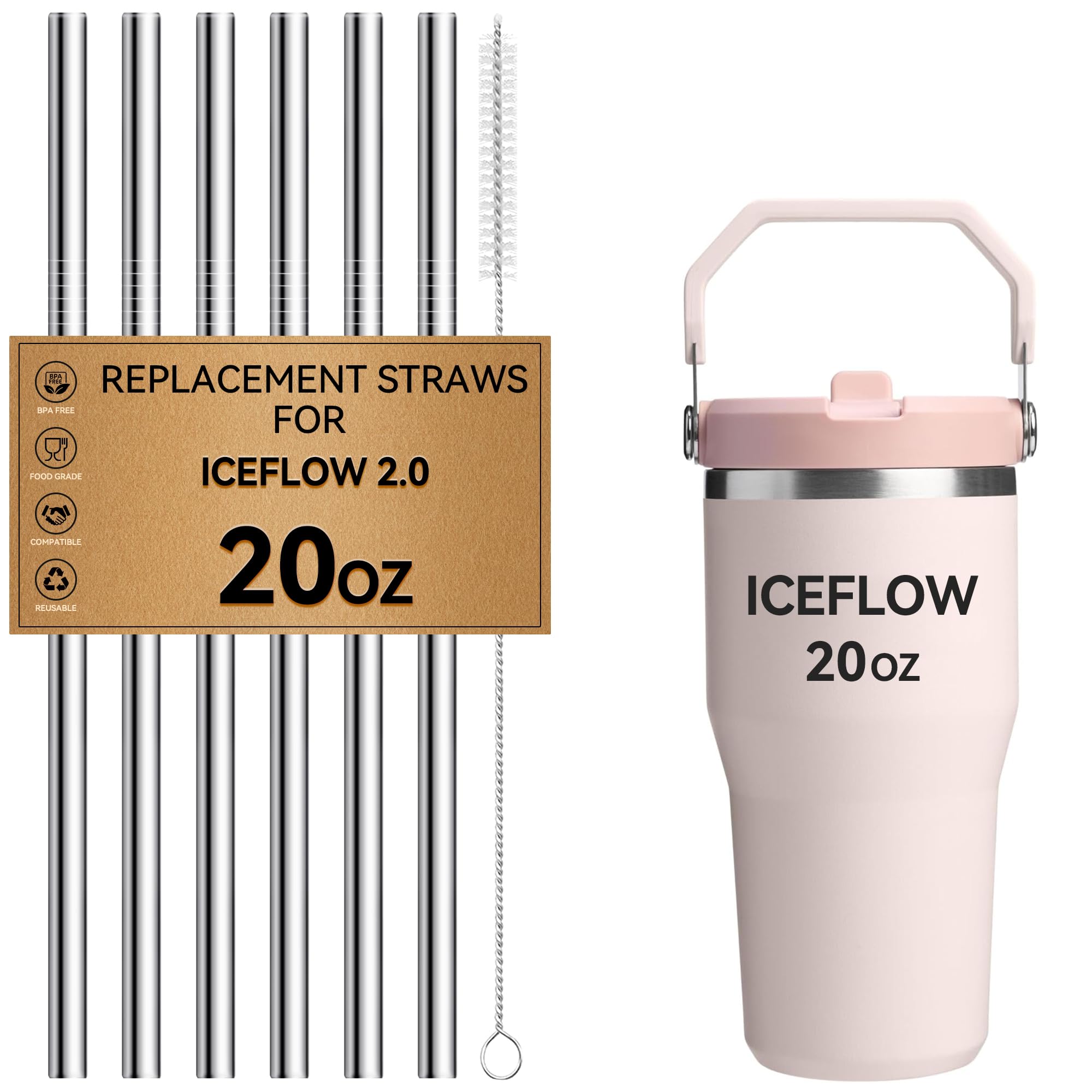 Metal Straws for Stanley IceFlow 20 oz 2.0 Flip Straw Lid Tumbler, Stainless Steel Replacement Straws for Ice Flow 20oz Cups,7mm &amp; 9.4mm Size Options–Check Numbers on Lid Before Order(9.4mm)
