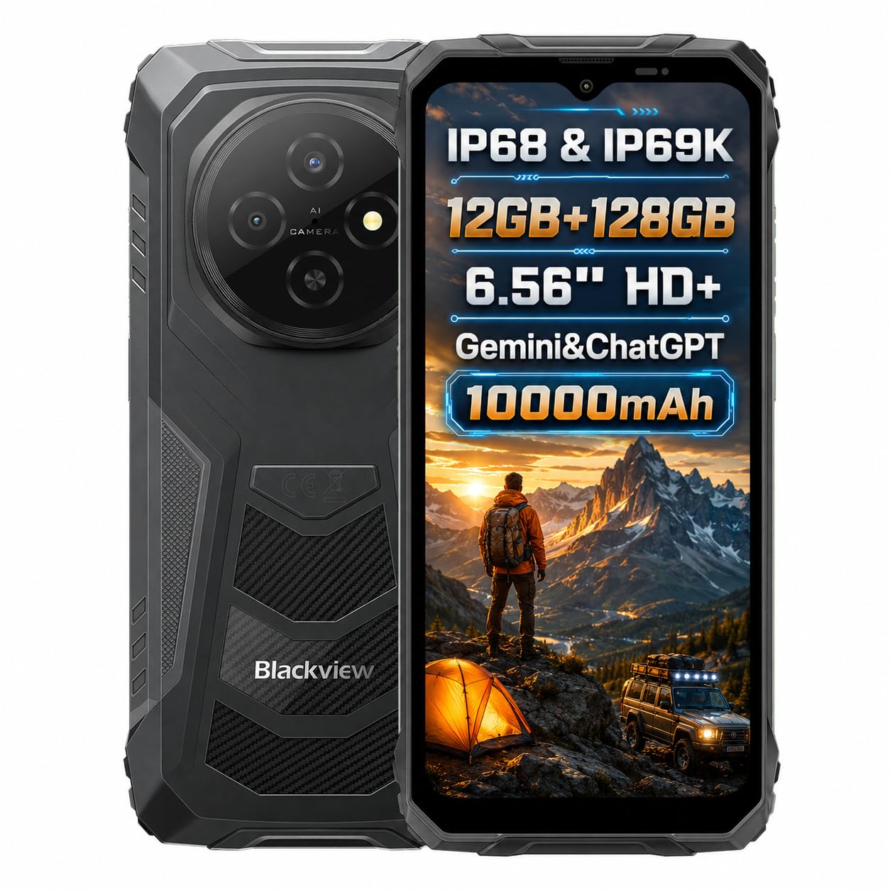 Blackview FORT 1 AI Smartphone Rugged, IA Magico Fotografico Editor, 12GB+128GB, Batteria 10000mAh, 16MP+8MP, Schermo 6.56'' HD+, IP68 IP69K Cellulare Antiurto, Android 15 DUAL SIM, GPS NFC Nero