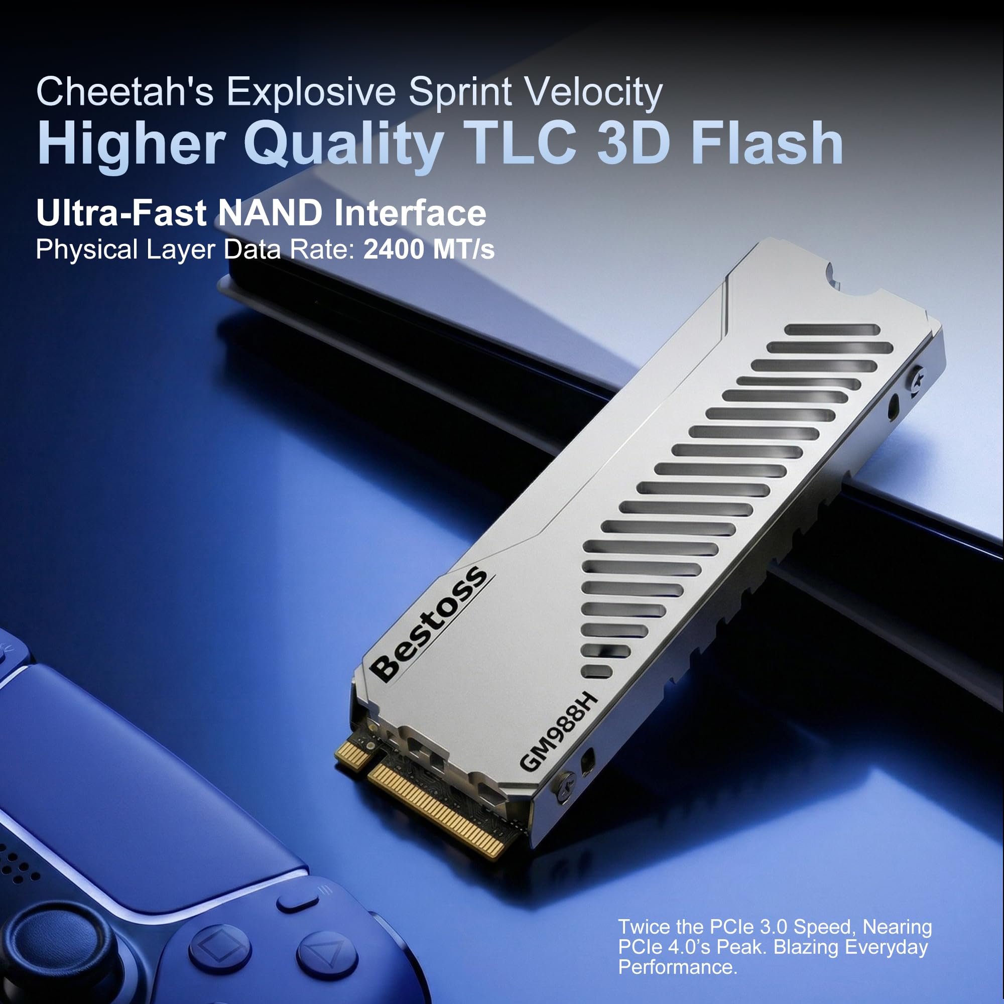 Bestoss SSD M.2 NVMe con disipador de calor de disipación estética de doble superficie, caché SLC de hasta 7300 MB/s y HMB, expansión de almacenamiento PS5, adaptada para jugadores, editores