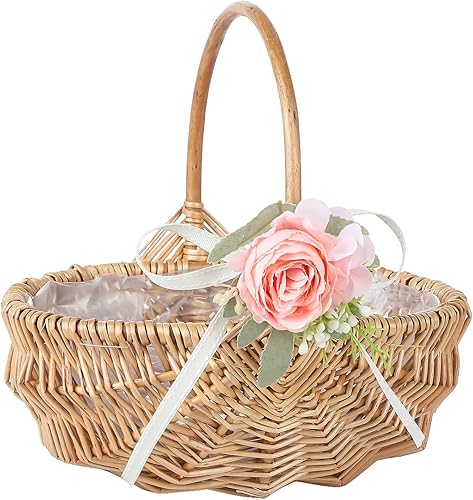 Wnvivi Cesta de flores con asa, cesta de recolección de ratán, cesta de flores de mimbre tejida a mano, cestas de almacenamiento de huevos, cestas