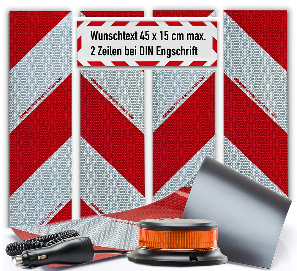 UvV Magnet Kfz-Warnmarkierung Set 4 x 564x141mm gem DIN30710 + Magnet LED Blitzer + Zusatzschild in der Größe 45x15 mit Wunschtext