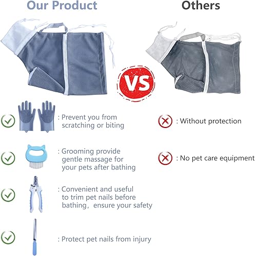 Miniatura 2 de KlerRoem Bolsa de baño para gatos, ajustable, antimordeduras y antiarañazos, bolsa de aseo para perros y mascotas, incluye cortaúñas para mascotas,