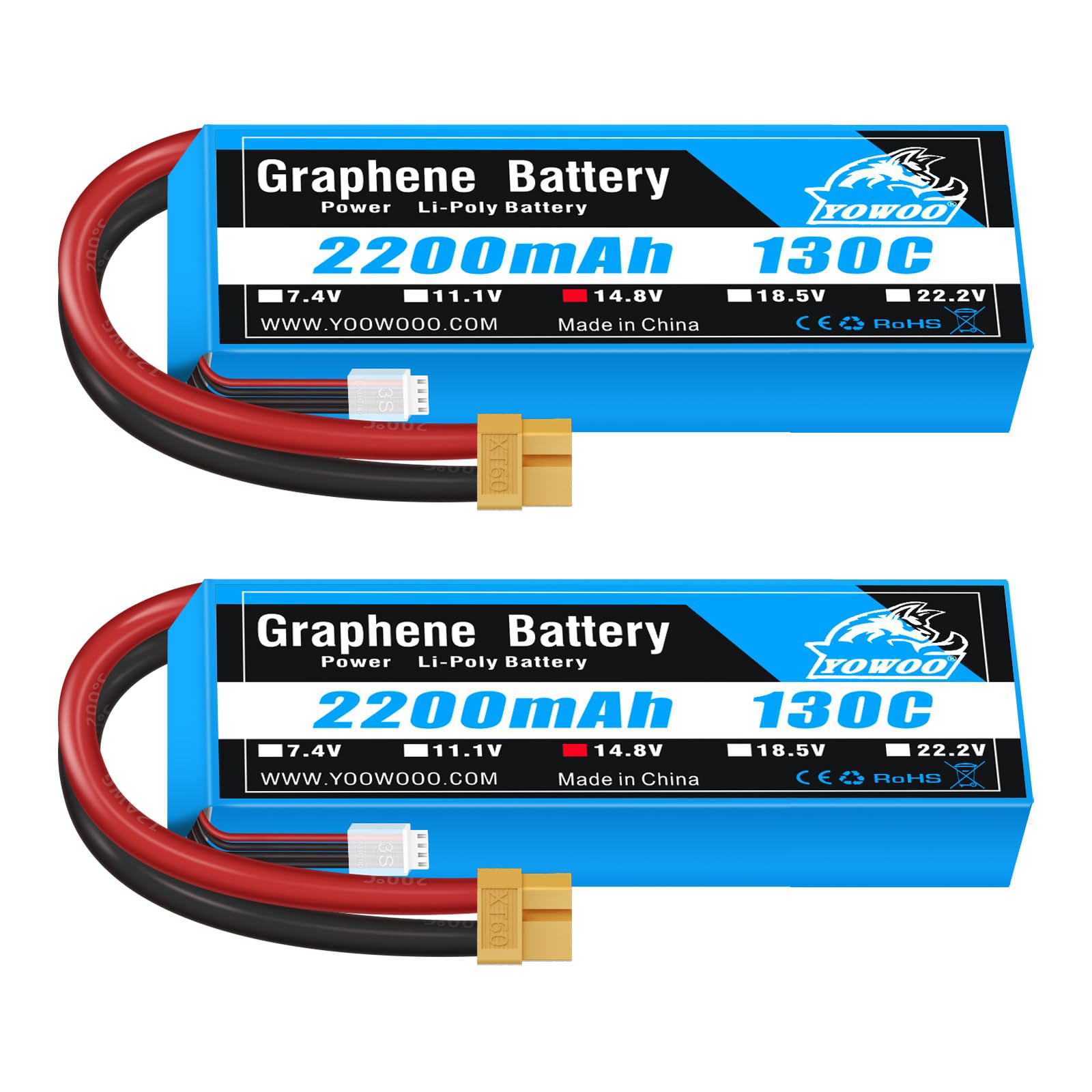 Yowoo 2 Pack 4S Lipo Battery 14.8 V 2200 mAh 130C Graphene Batteries with XT60 Connector for UAV Drones FPV Road Bike Quadcopters Aeroplane Helicopter RC Boat RC Car