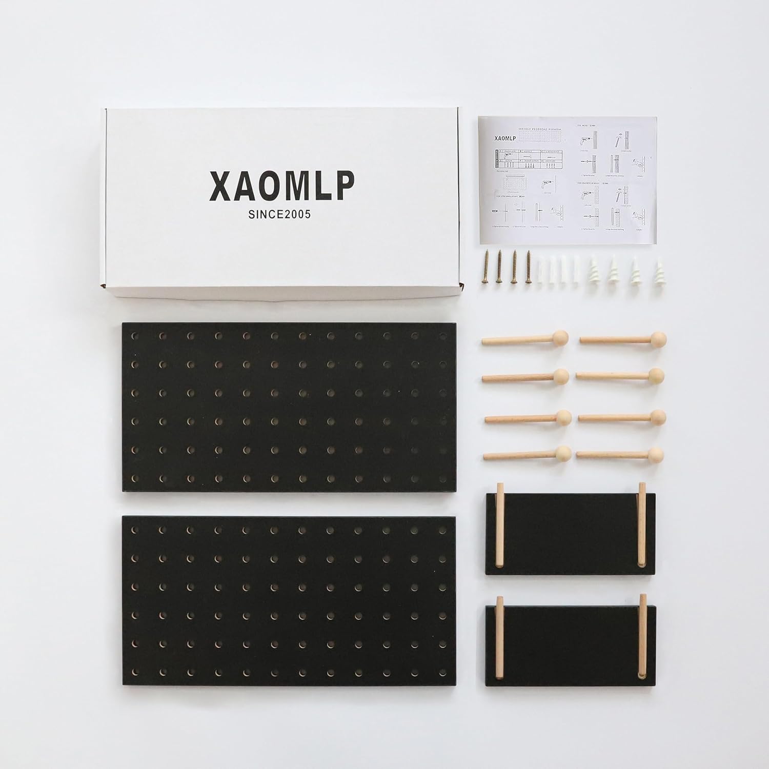 Wooden Pegboard Accessories Set: Modular Wall Hooks & Shelf for Garage, Office & Home Organization(Black Colored Finish-B)
