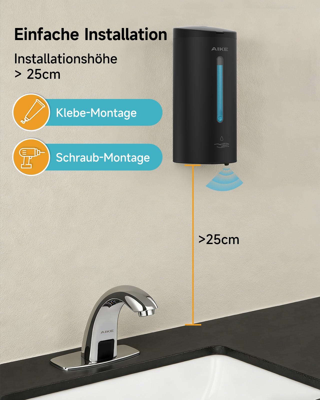 AIKE Klassischer Automatischer Seifenspender,Edelstahl Optik, AK1205E | 740 Ml Großes Fassungsvermögen, Fünf Stufen Einstellbar, Wasserdichter Seifenspender, Geeignet Für Den Gewerblichen Gebrauch