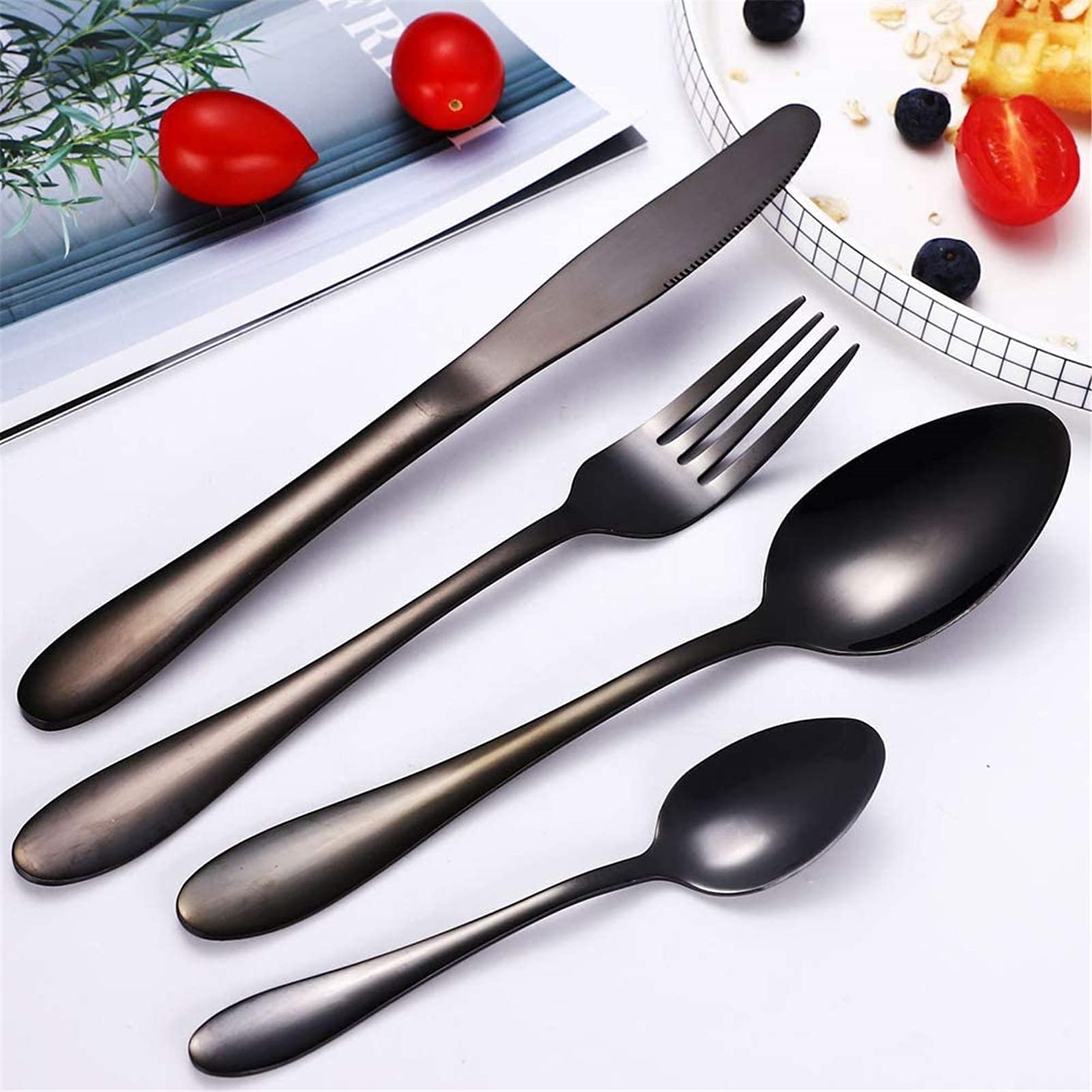 Juego de cubiertos de acero inoxidable de 24 piezas para cubiertos con espejo pulido, multiusos para el hogar y la cocina con caja de regalo, servicio para 6 (negro)