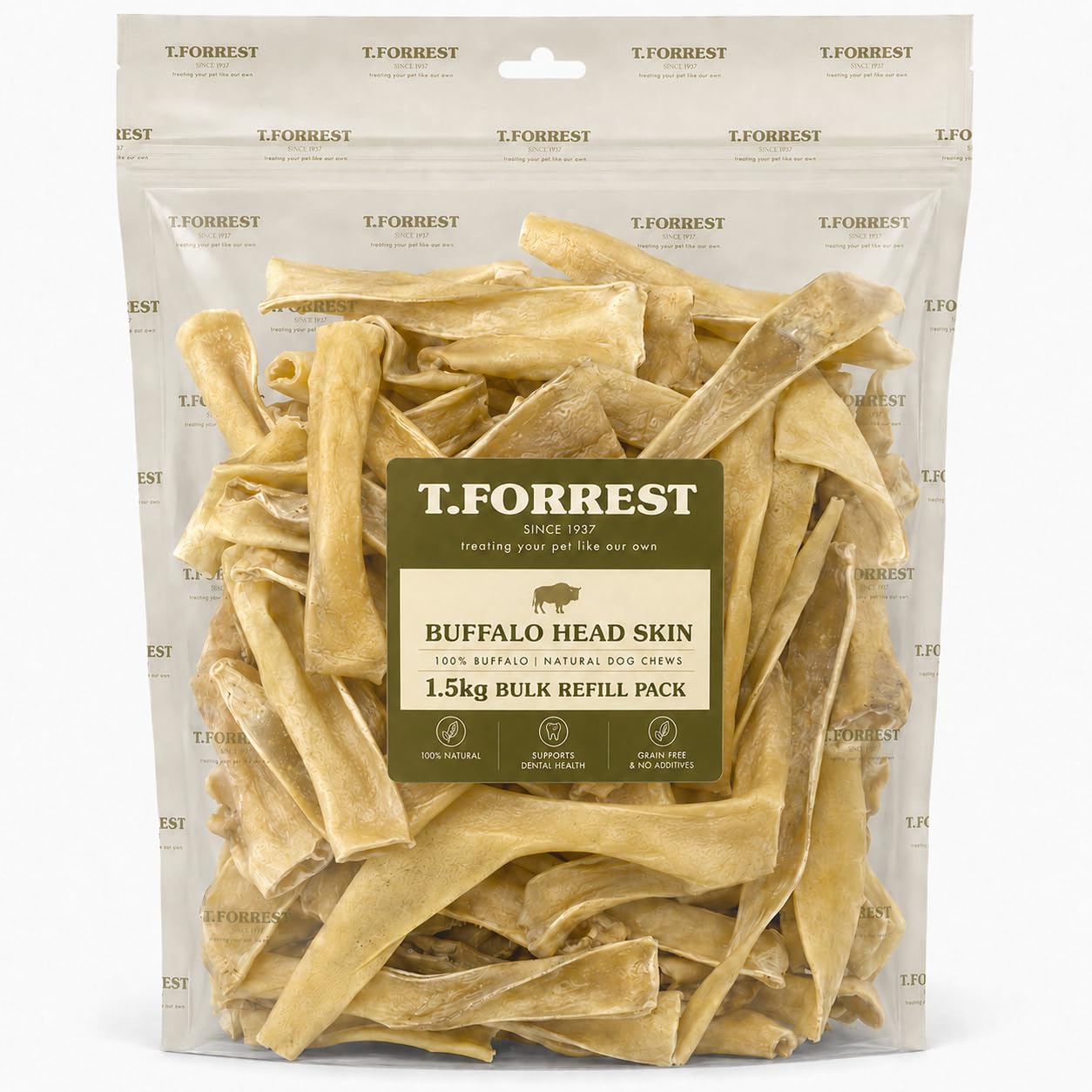 T.Forrest 15cm Chewy Buffalo Headskin - 1.5kg - 100% Natural, Long Lasting, High in Protein and Low in Fat Dog Chews