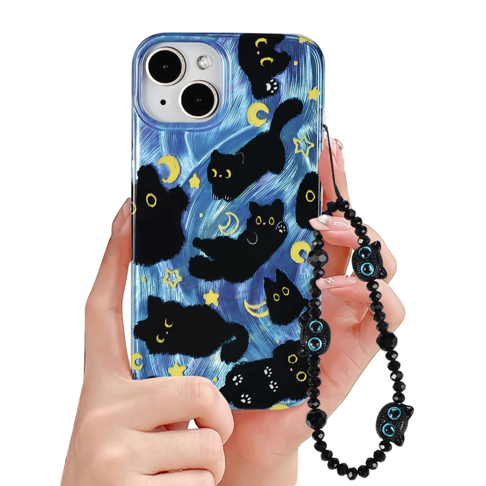 Fycyko Phone Case for iPhone 15 Case Cute Cat Pattern Aesthetic Cool Girly with Phone Charms Strap Chain Protective Case for iPhone 15-Blue