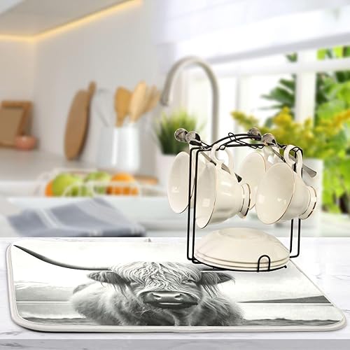 Miniatura 5 de Highland Cow - Tapete de secado de platos para encimera de cocina, absorbente, antideslizante, resistente al calor, tapete reversible para secar