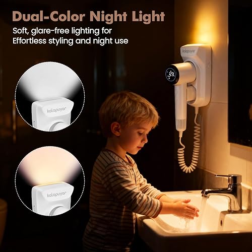 Miniatura 7 de Secador de pelo de montaje en pared 2026, 4 ajustes de calor, 2 ajustes de velocidad, secador de baño de alta velocidad de 1600 W con luz nocturna