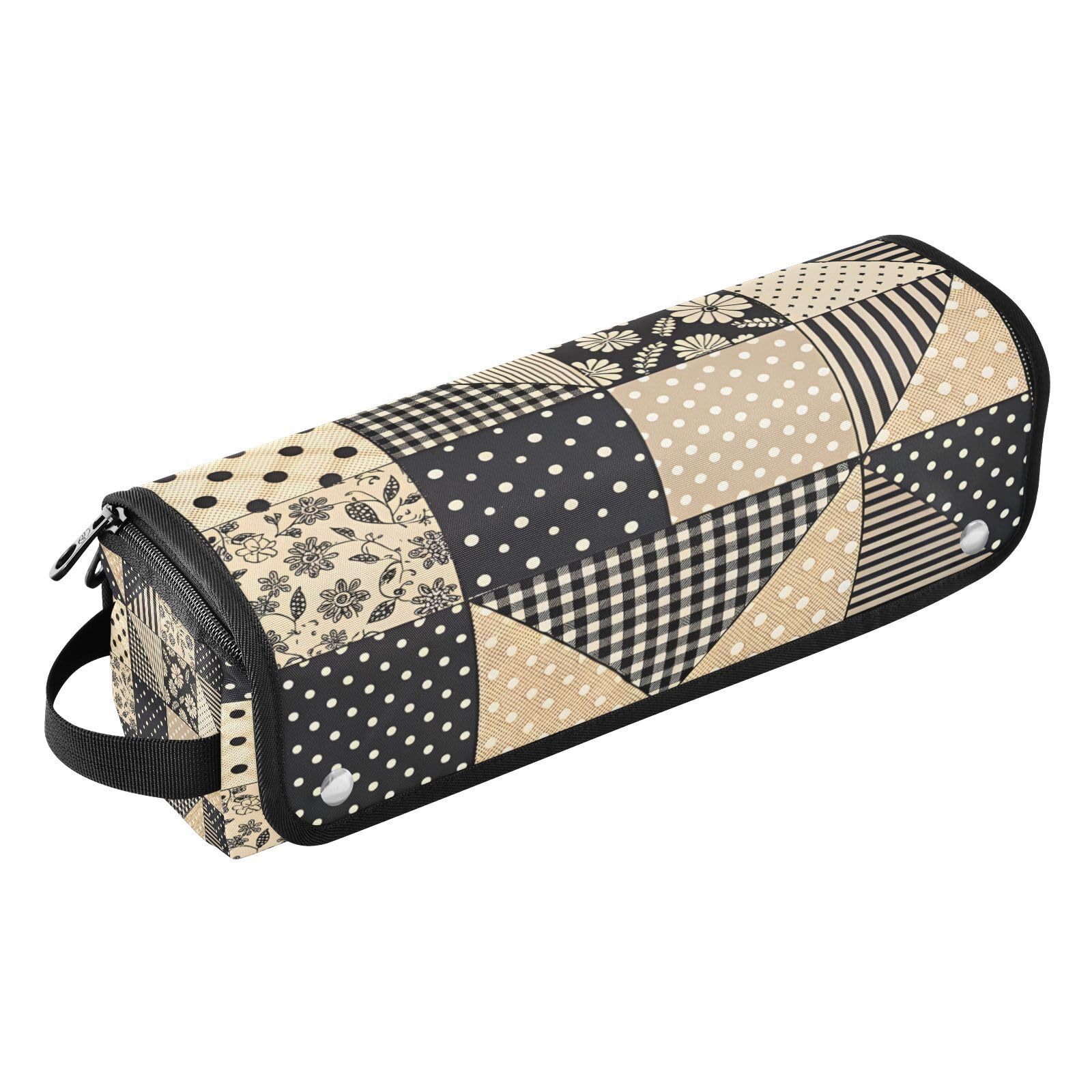 Gingham Patchwork Black Beige Hair Tools Travel Bag Portable Hair Accessory Organizer with Heat Resistant Mat 2 in